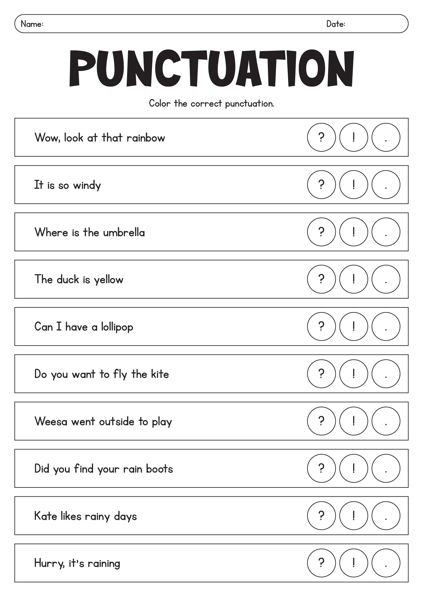 Basic Punctuation Worksheets for 1st Grade