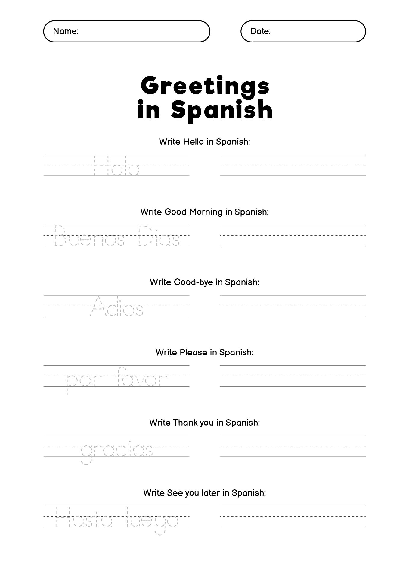 Basic Spanish Language Worksheets for Grade 1