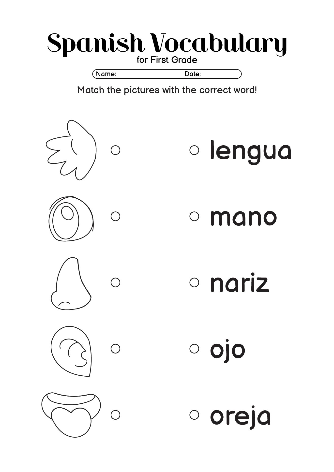 Basic Spanish Worksheets for 1st Grade Students