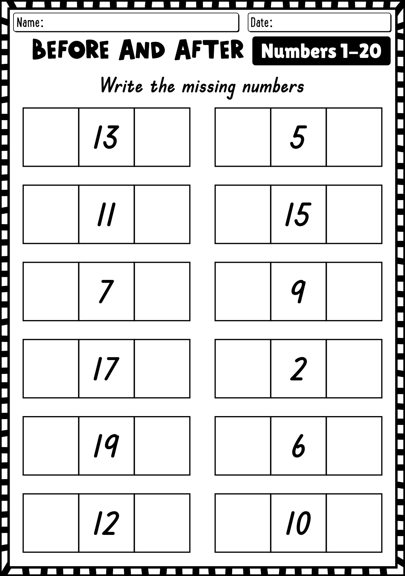 Before and After Numbers Practice Sheets Grade 1