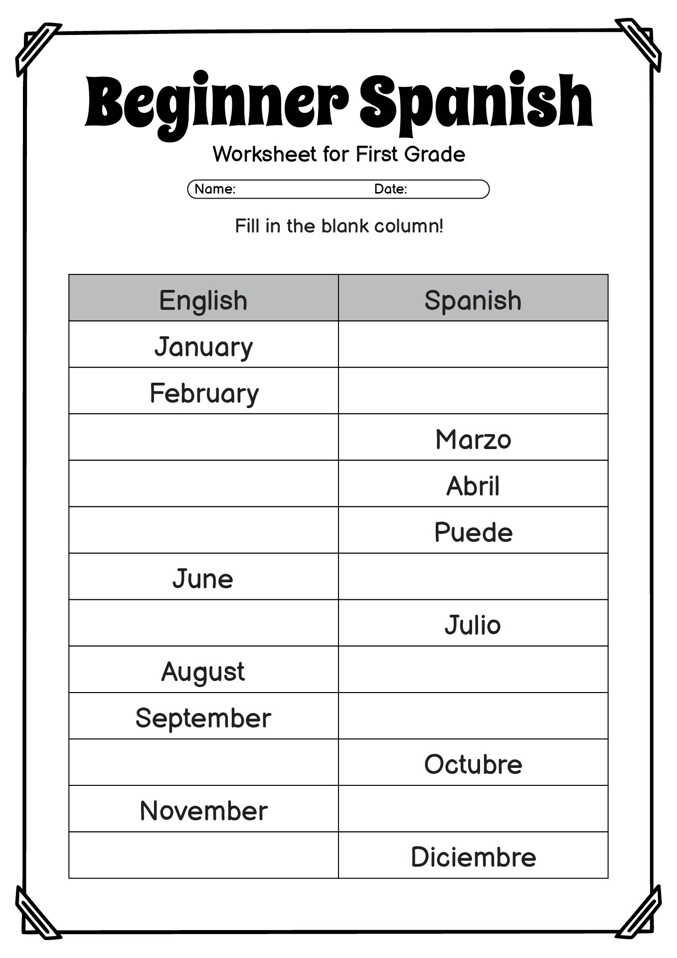 Beginner Spanish Worksheets for 1st Graders