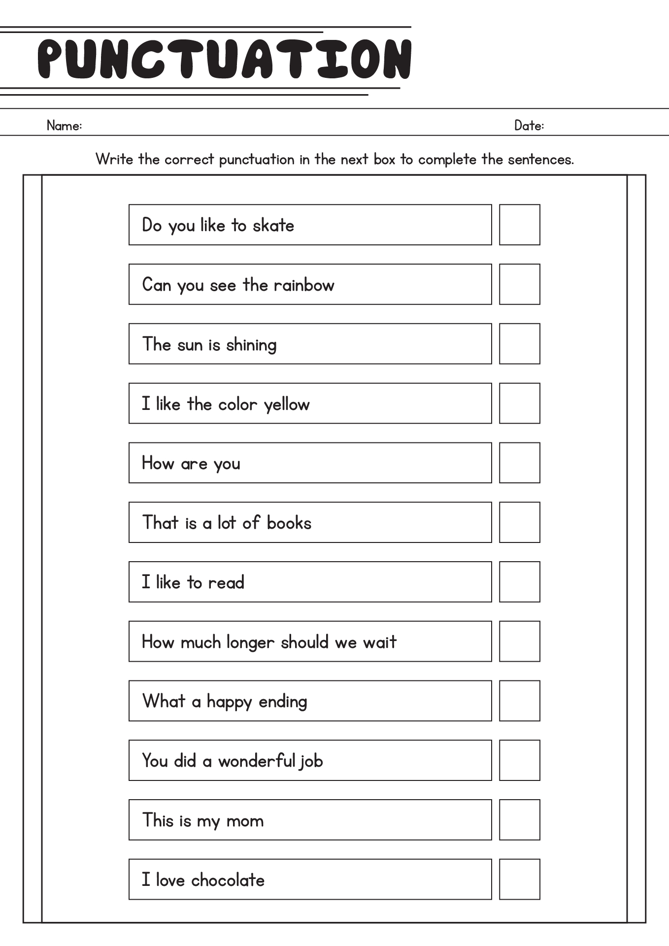 Beginners Punctuation Exercises Grade 1