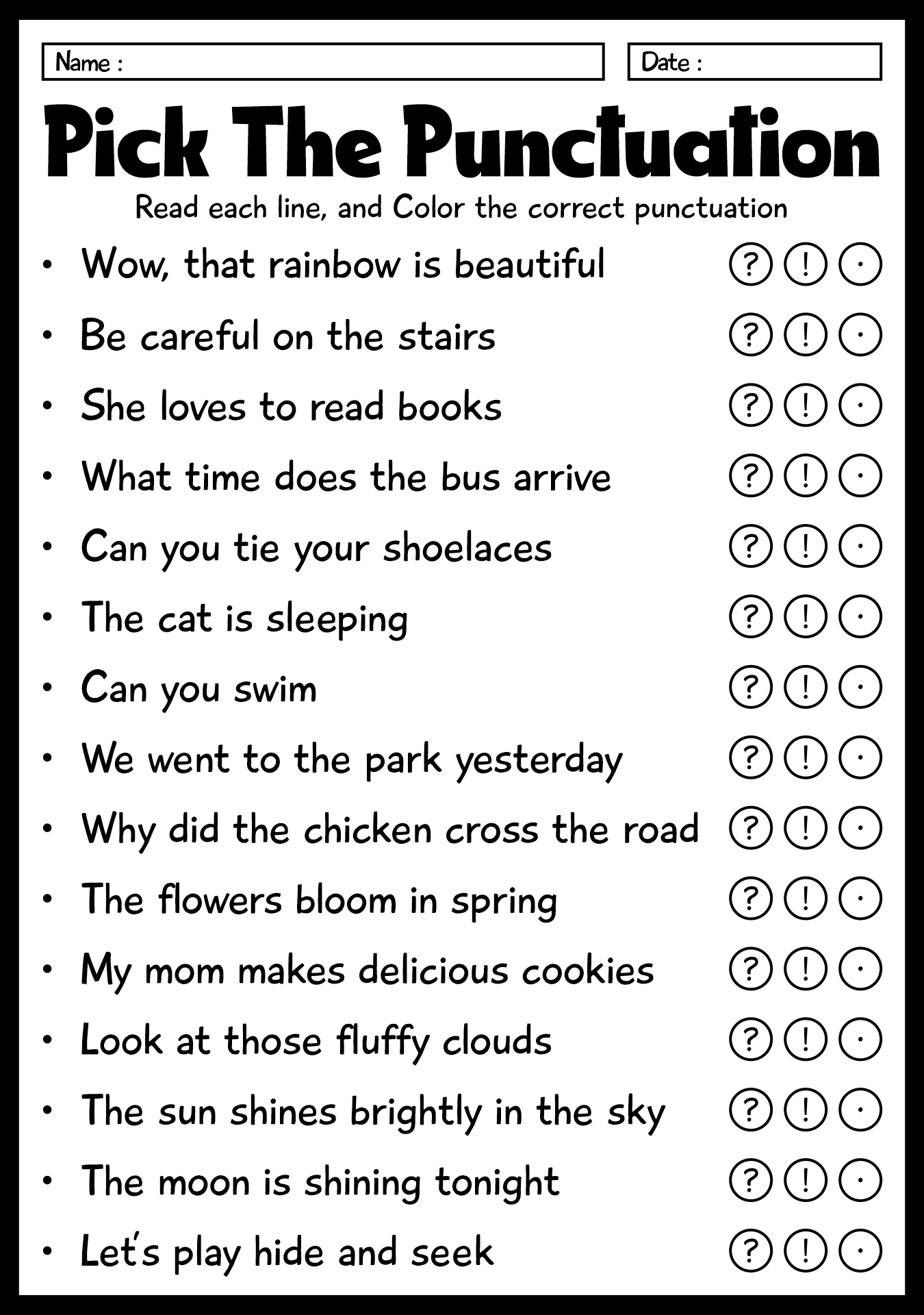 Beginning Punctuation Quizzes for First Graders