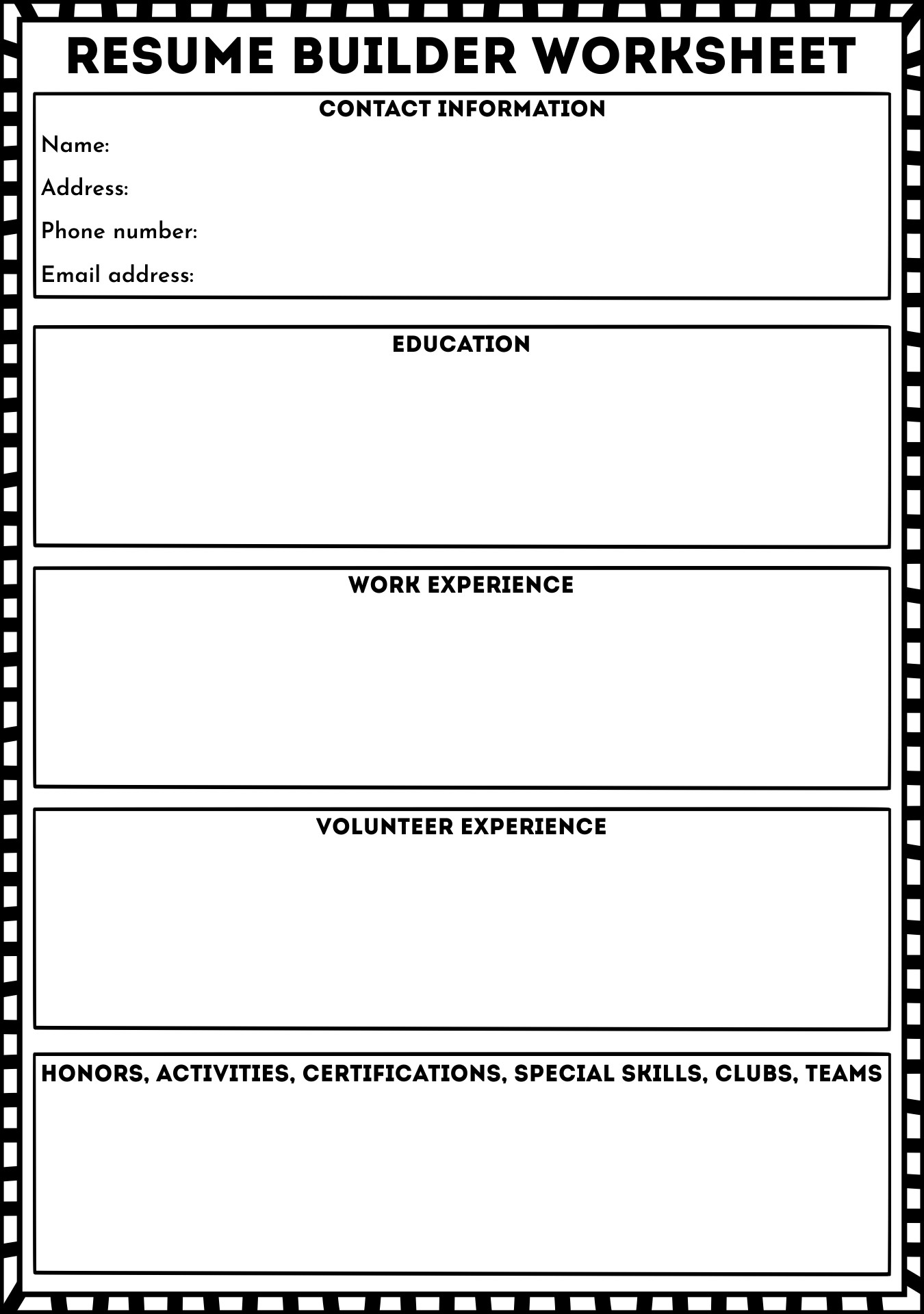 Blank Professional Resume Worksheet