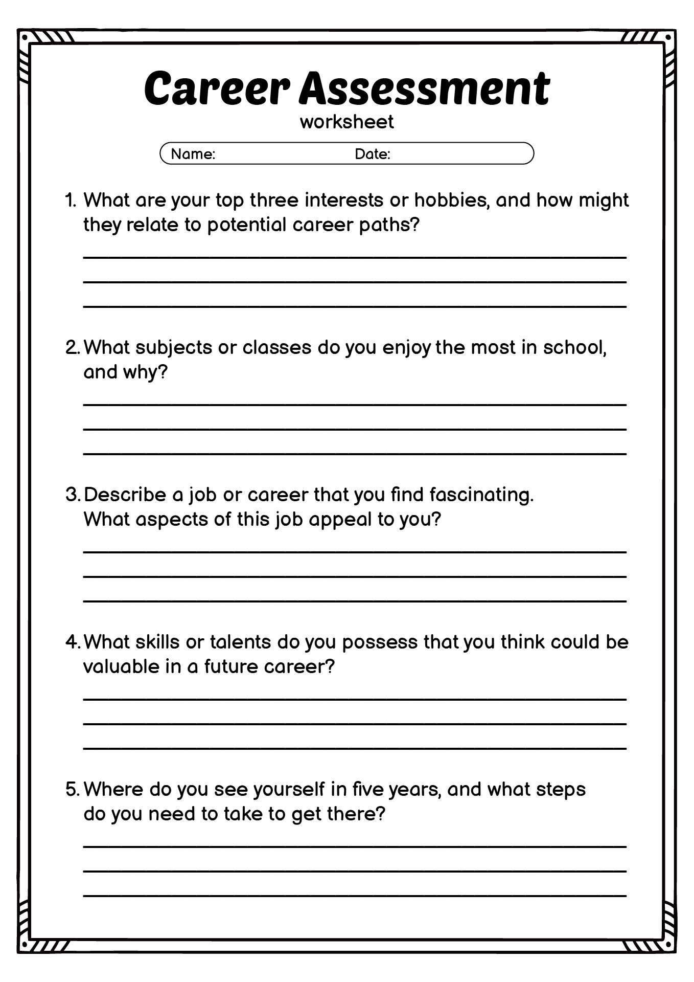 Career Assessment Worksheet for High School Students