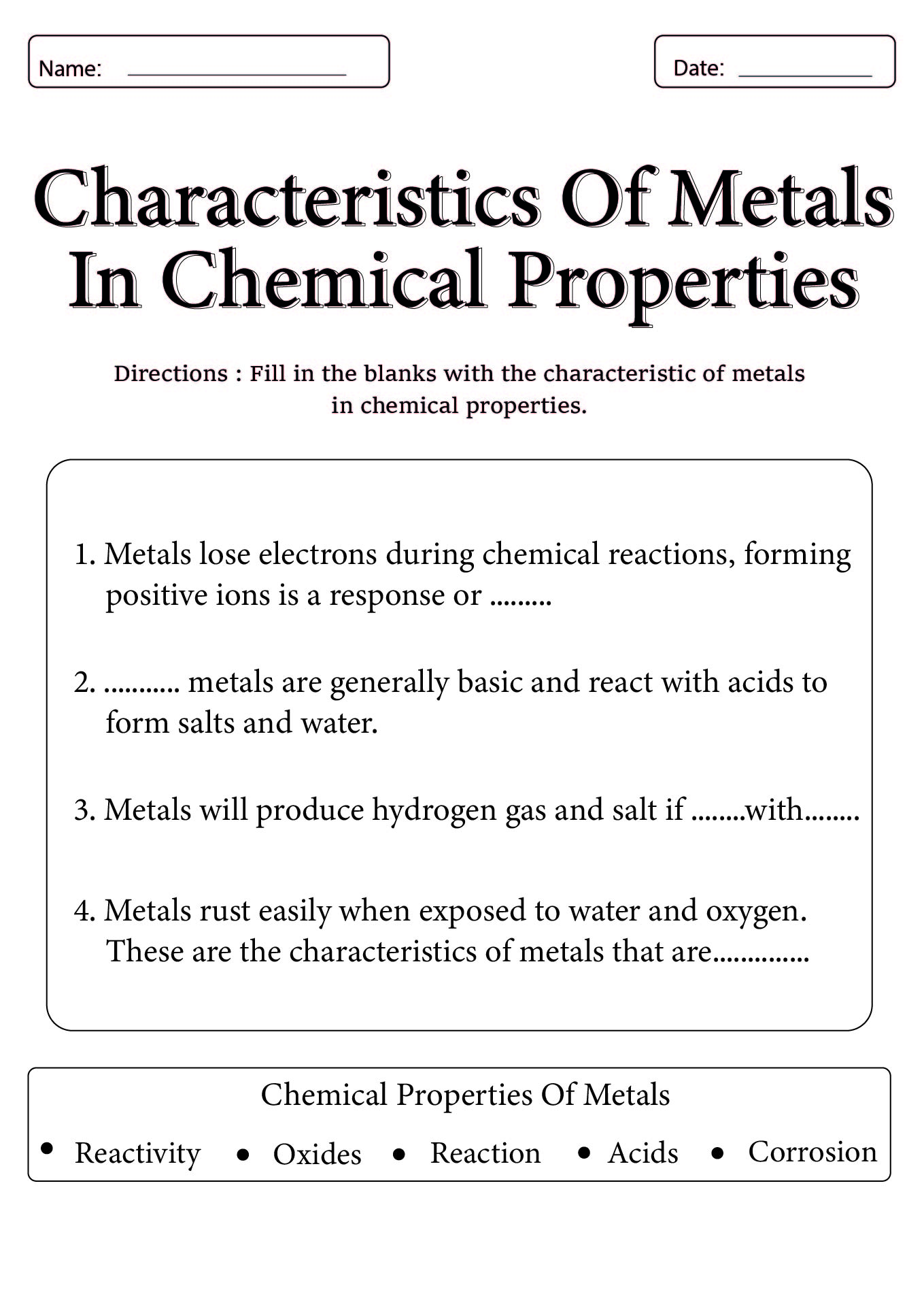 Chemical Characteristics of Metals Worksheet