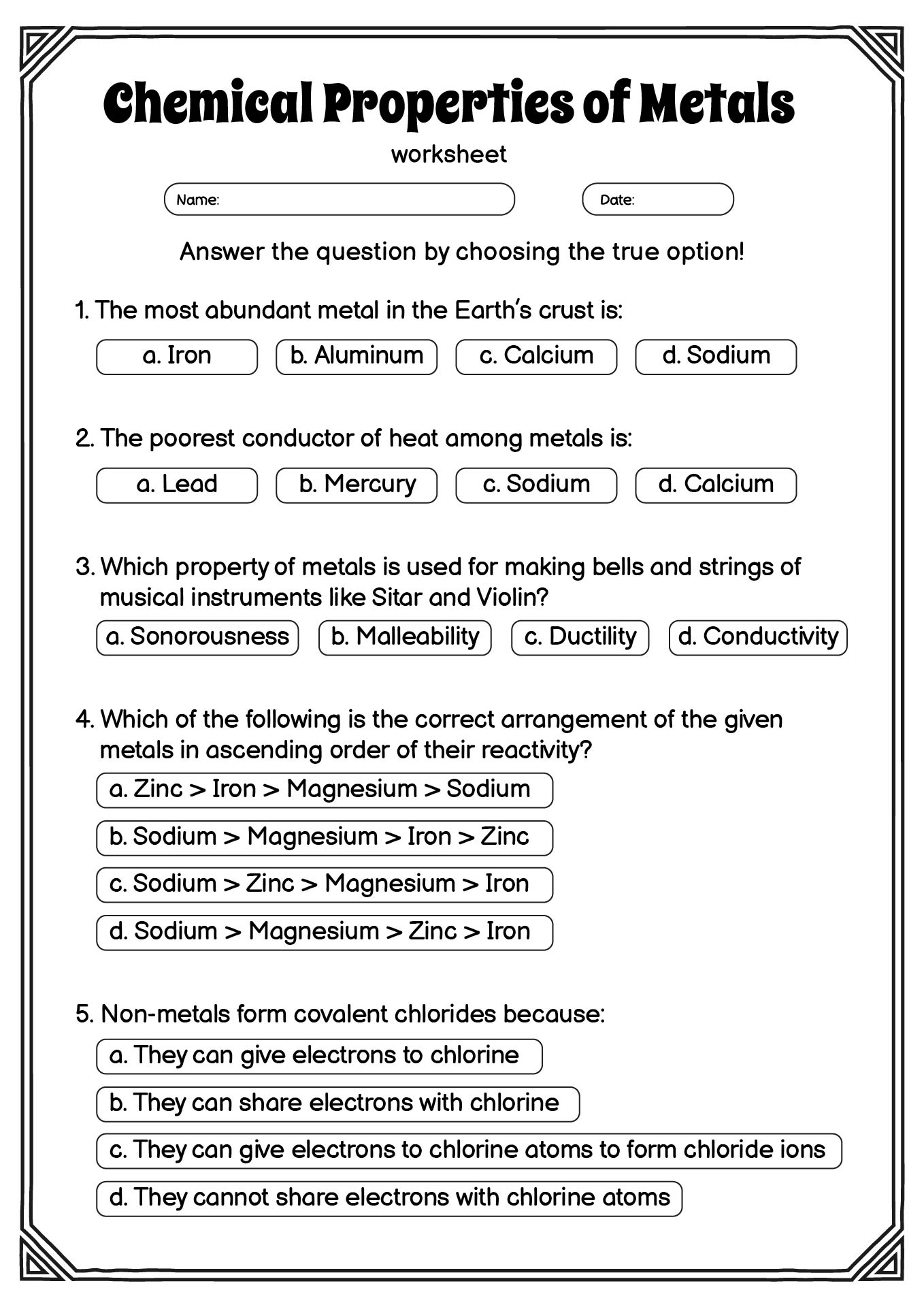 Chemical Properties of Metals Worksheet