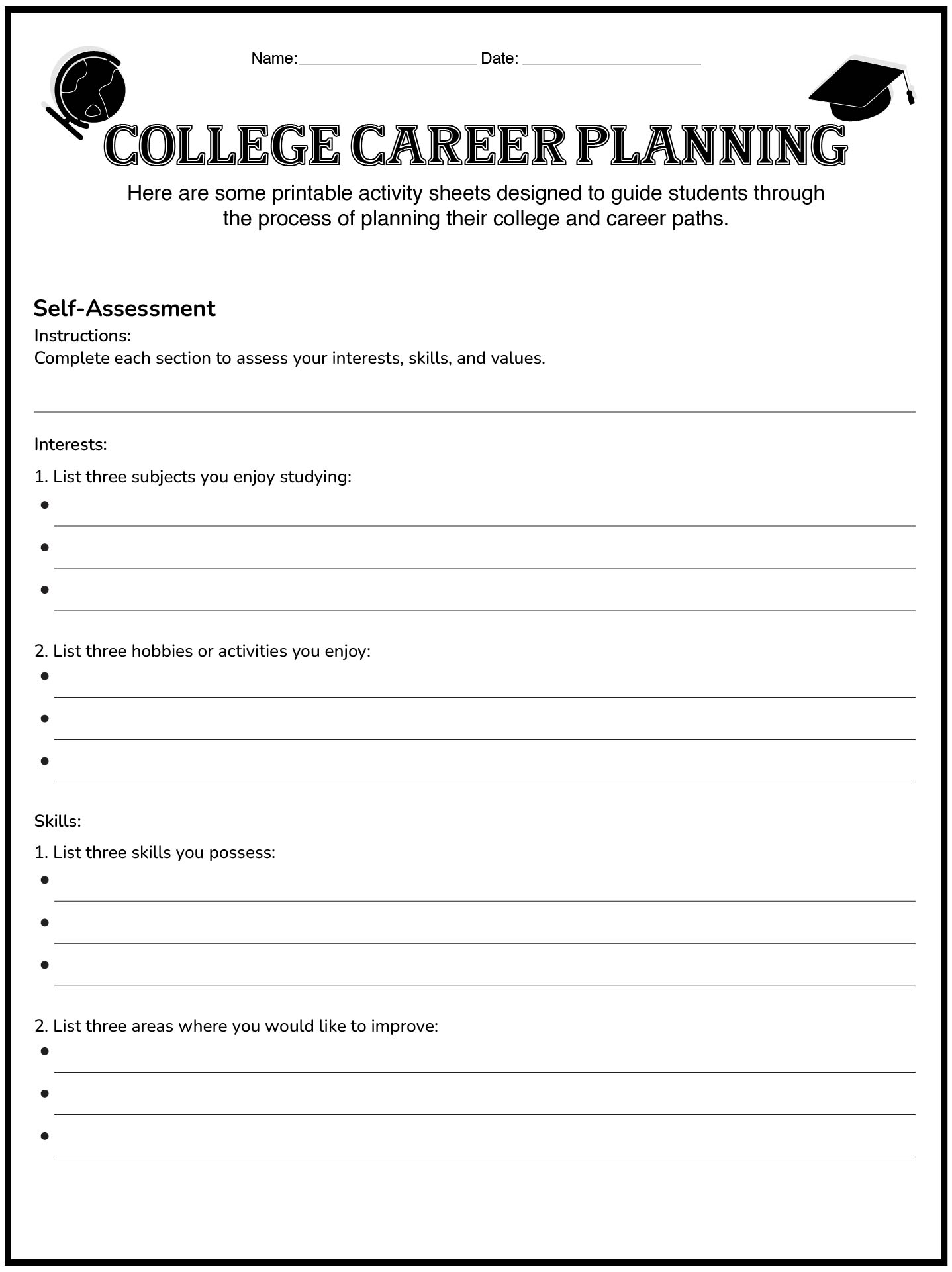 College Career Planning Activities Sheets