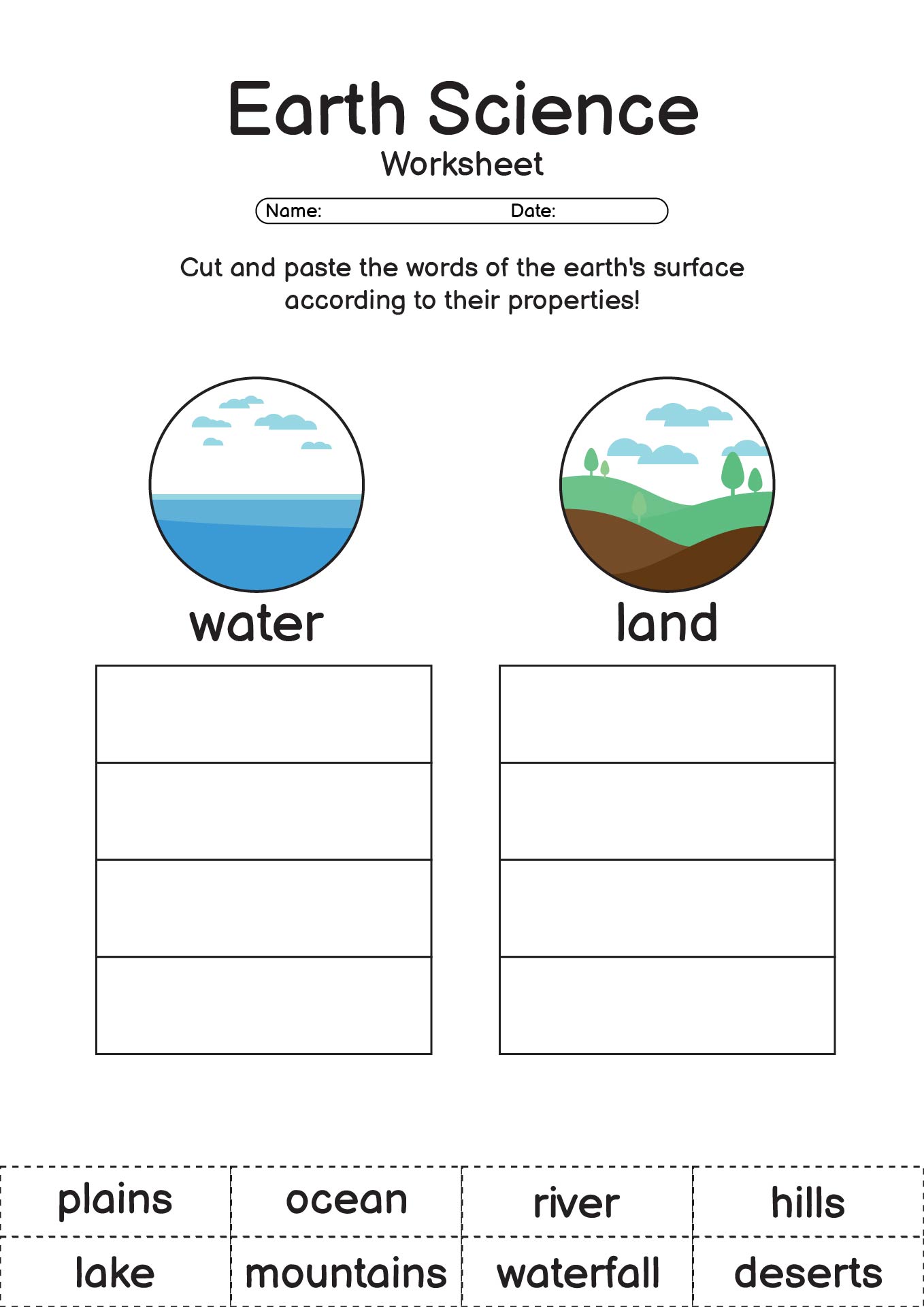 Earth Science 1st Grade Worksheet Land Water