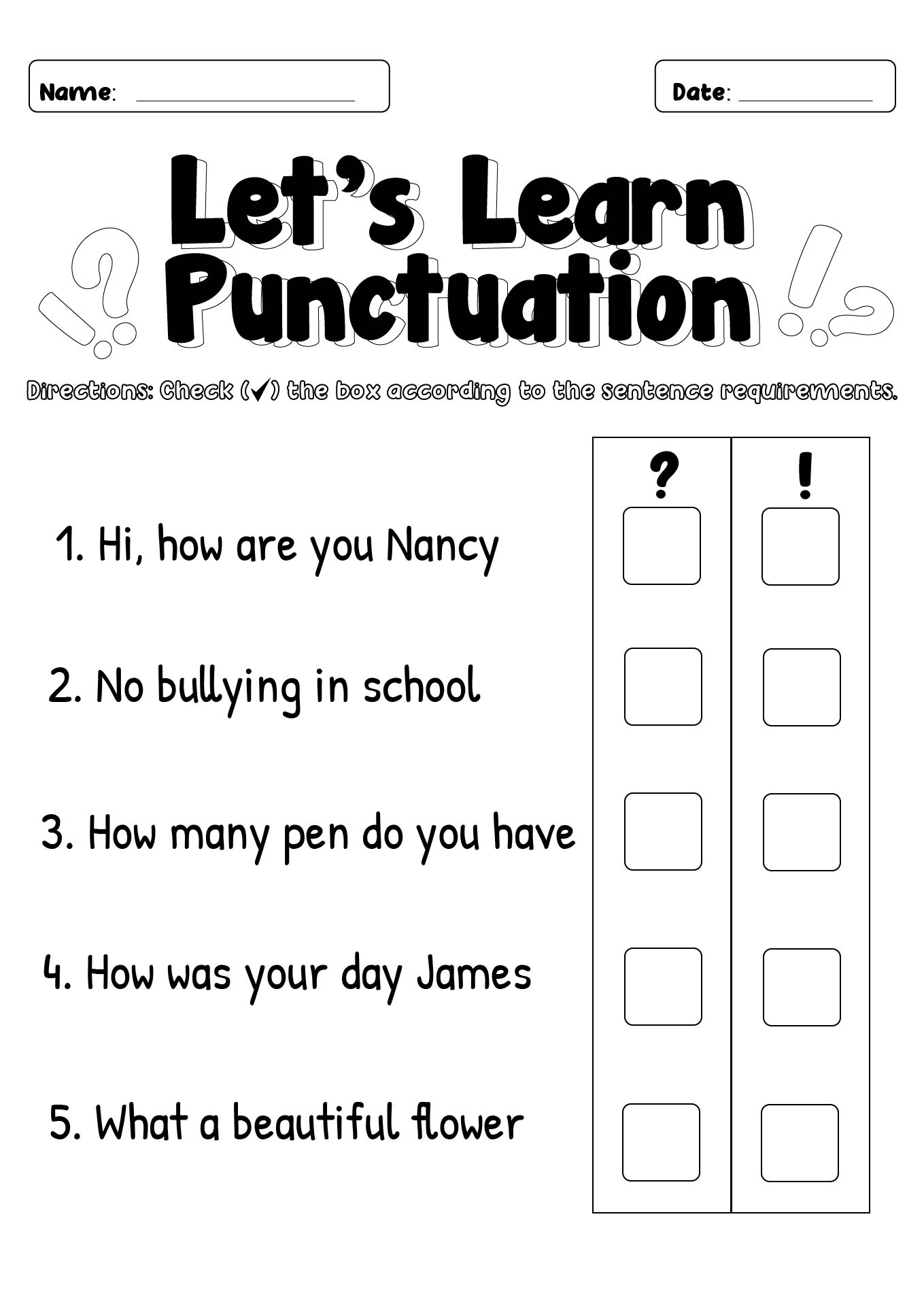 Exclamation Points and Question Marks Worksheets Grade 1