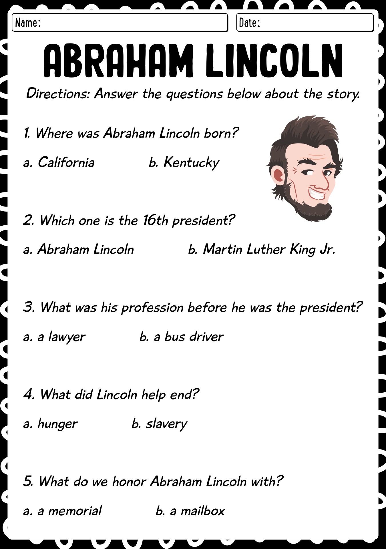 First Grade Abraham Lincoln Worksheet