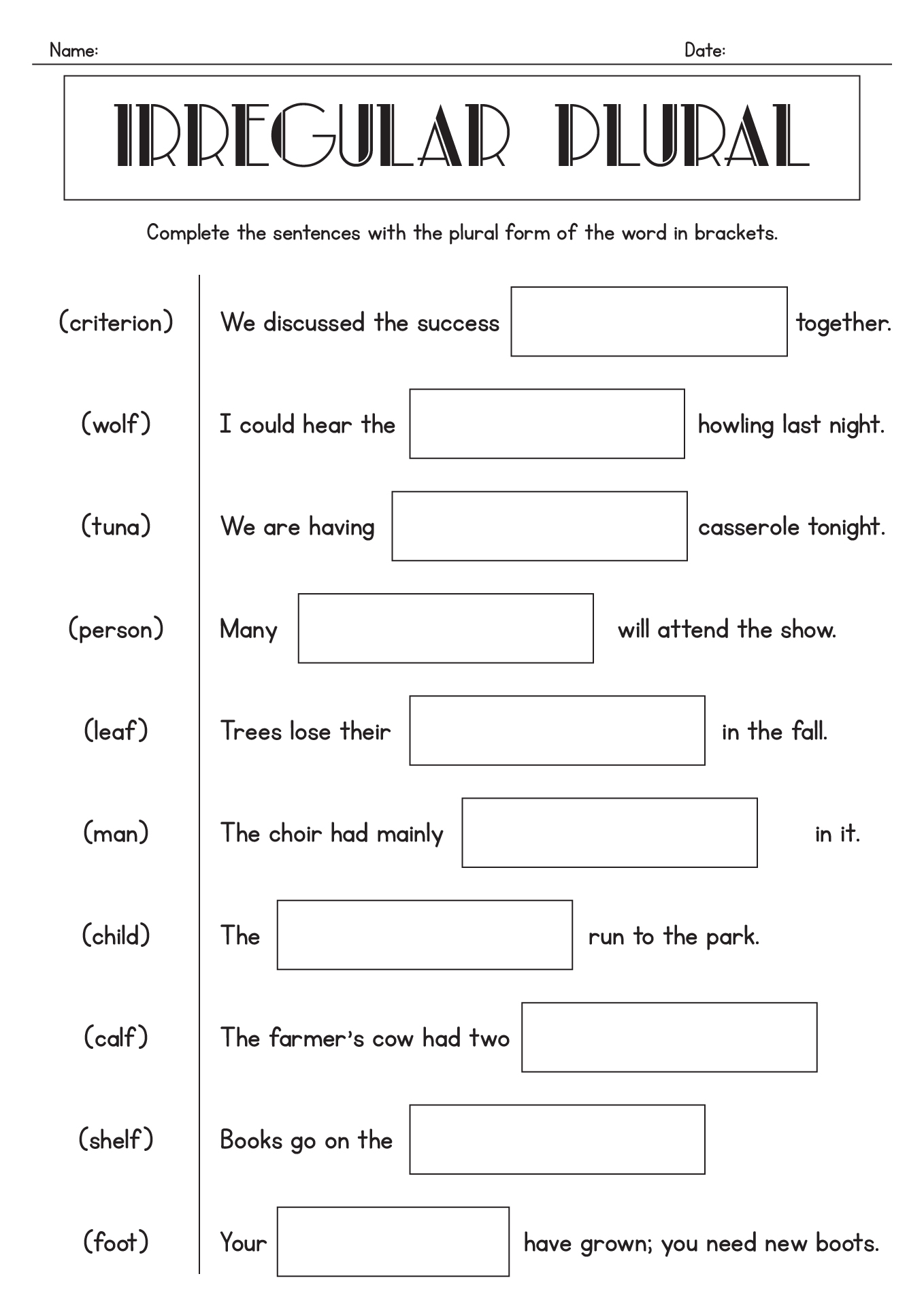 First Grade Irregular Plurals Exercises