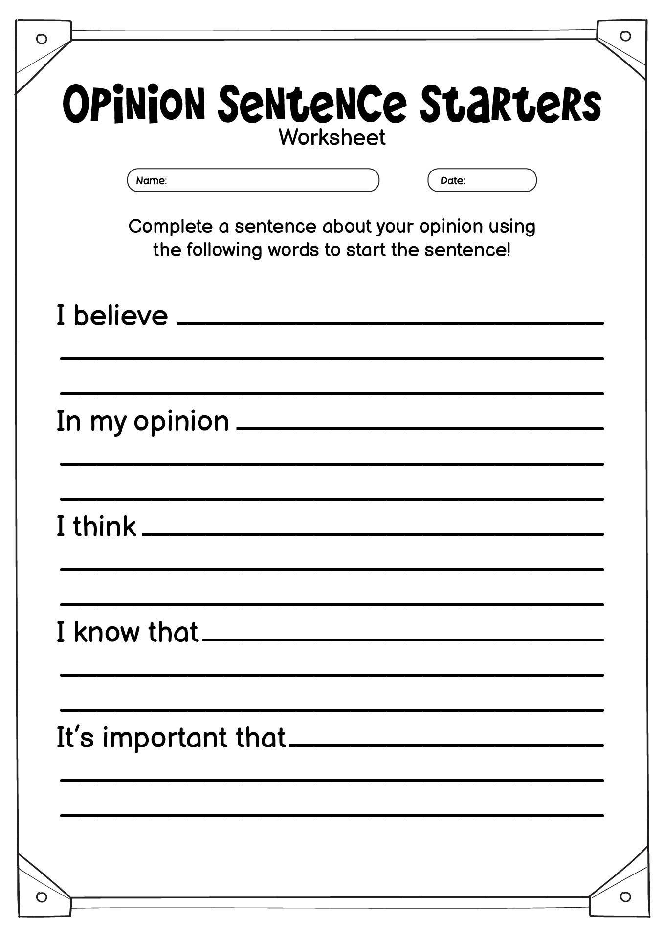 First Grade Opinion Sentence Starters Worksheet