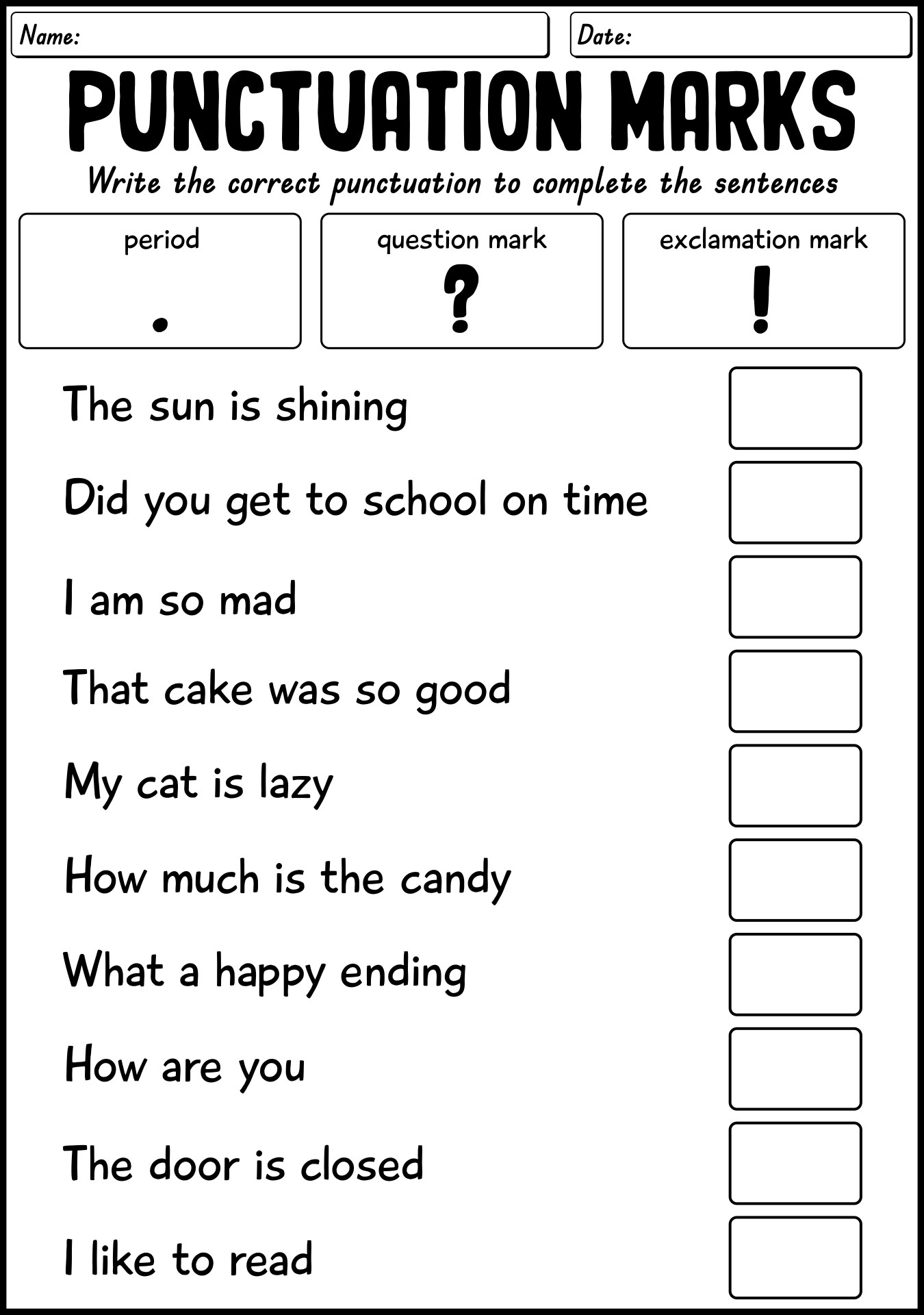 First Grade Punctuation Practice Sheets