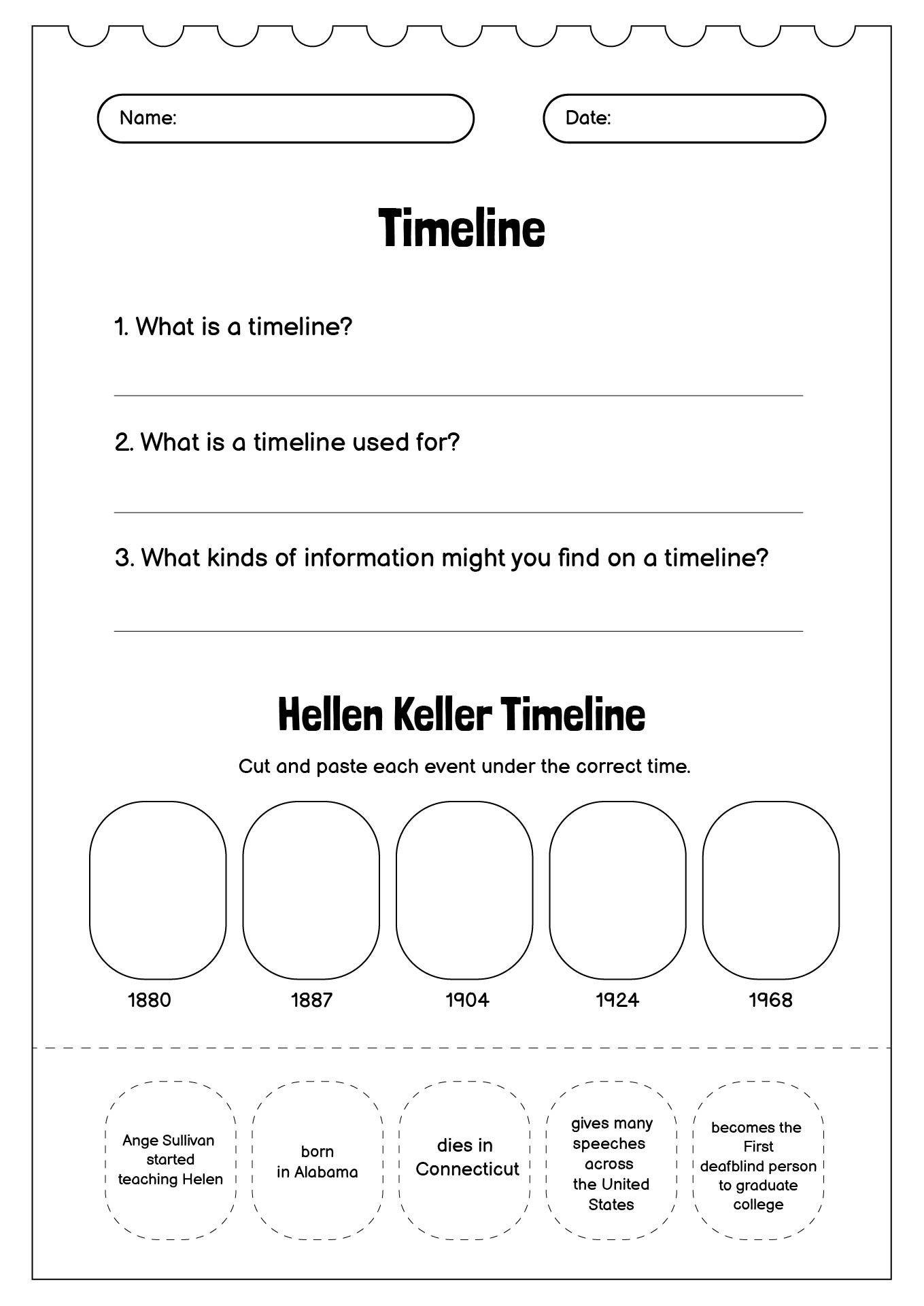 First Grade Reading Timeline Activity Sheets