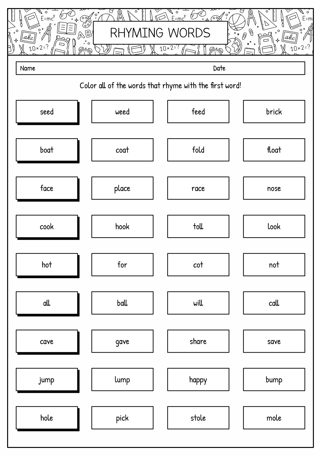 First Grade Rhyme Identification Worksheet Activities