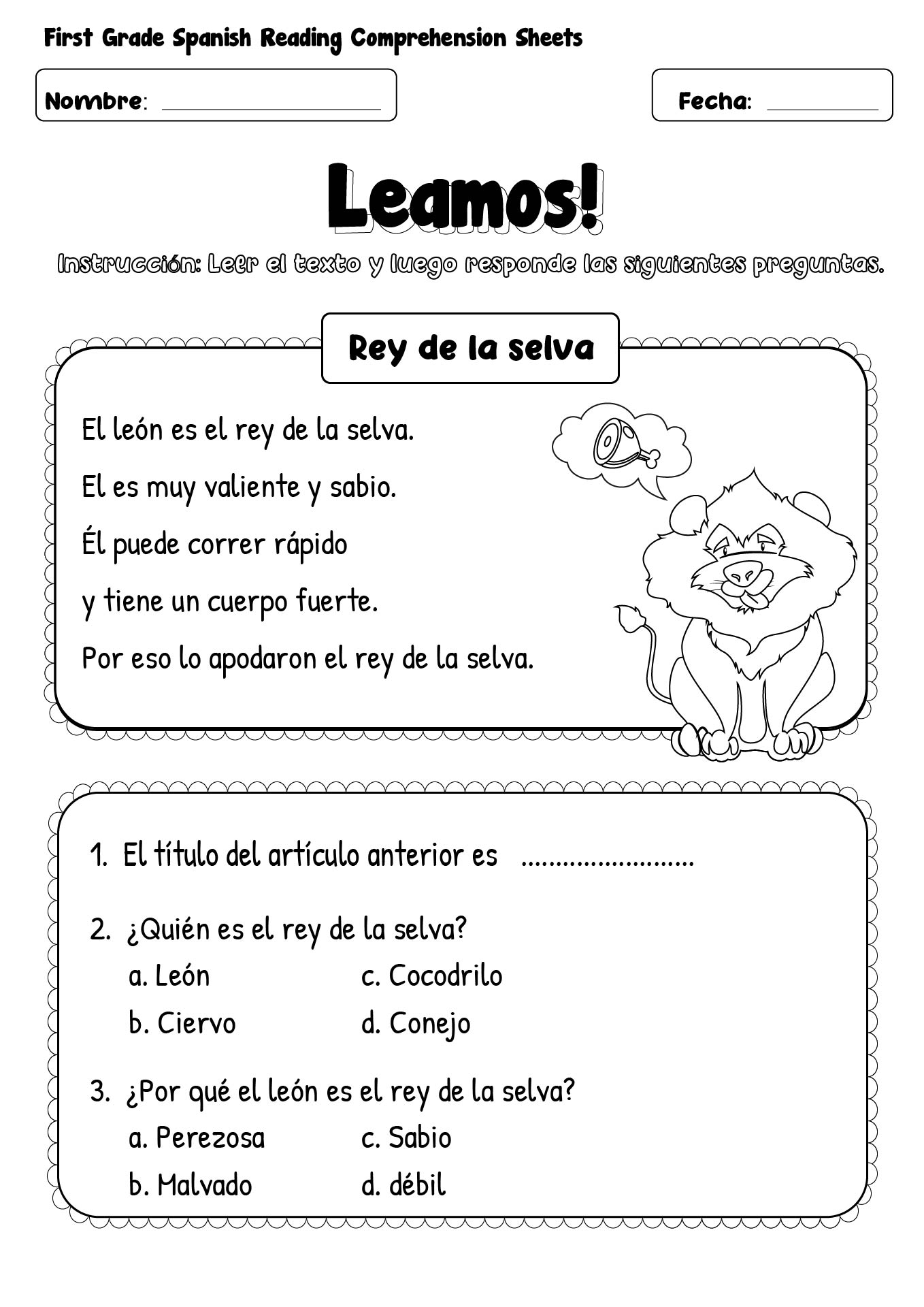 First Grade Spanish Reading Comprehension Sheets