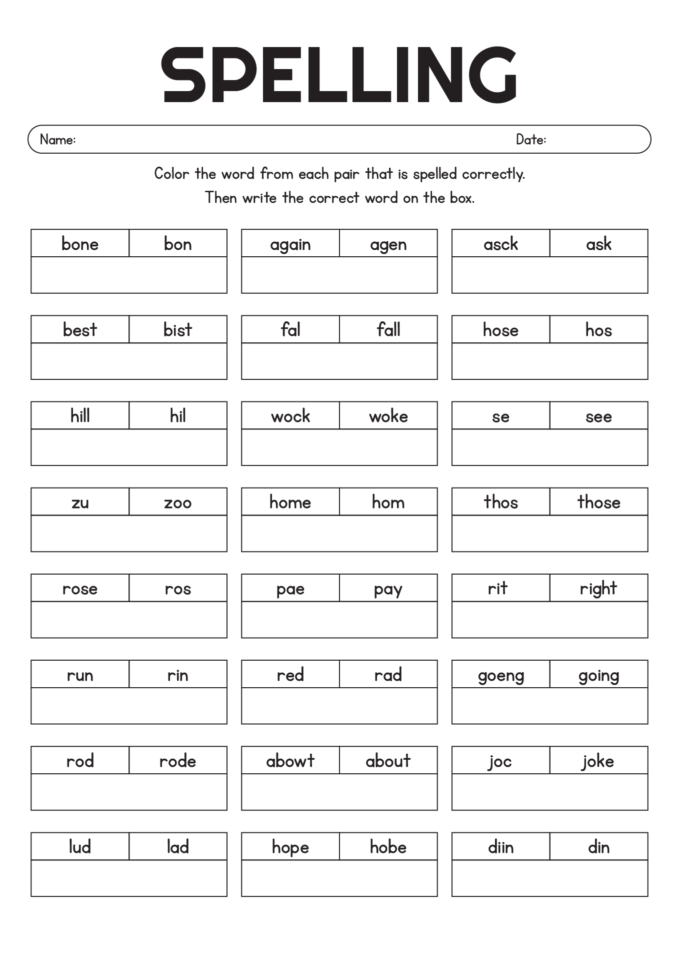 First Grade Spelling Challenge Sheets