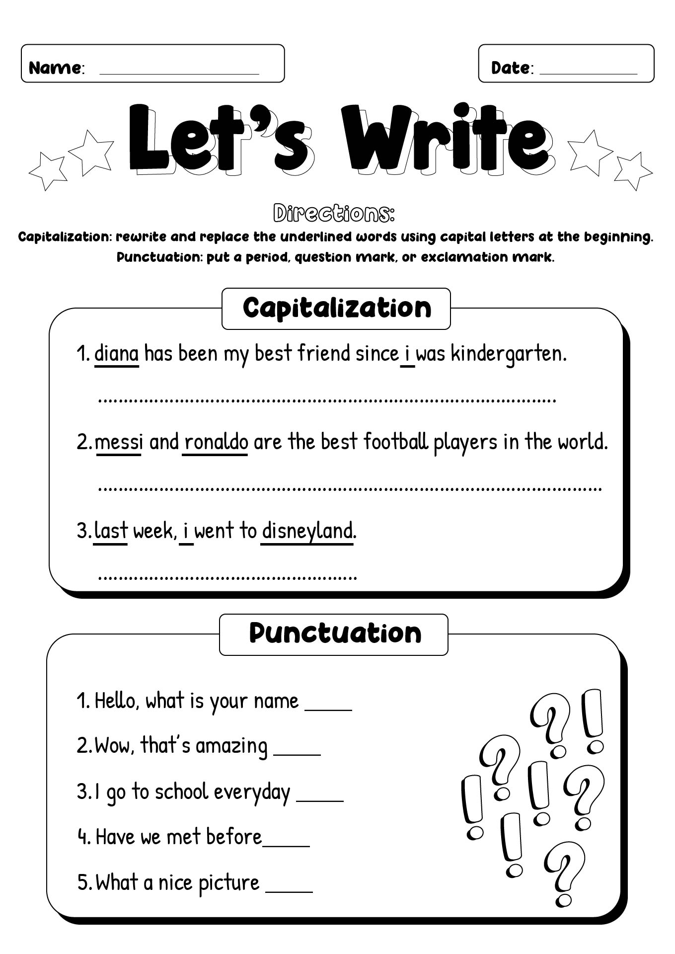 Grade 1 Capitalization and Punctuation Worksheets