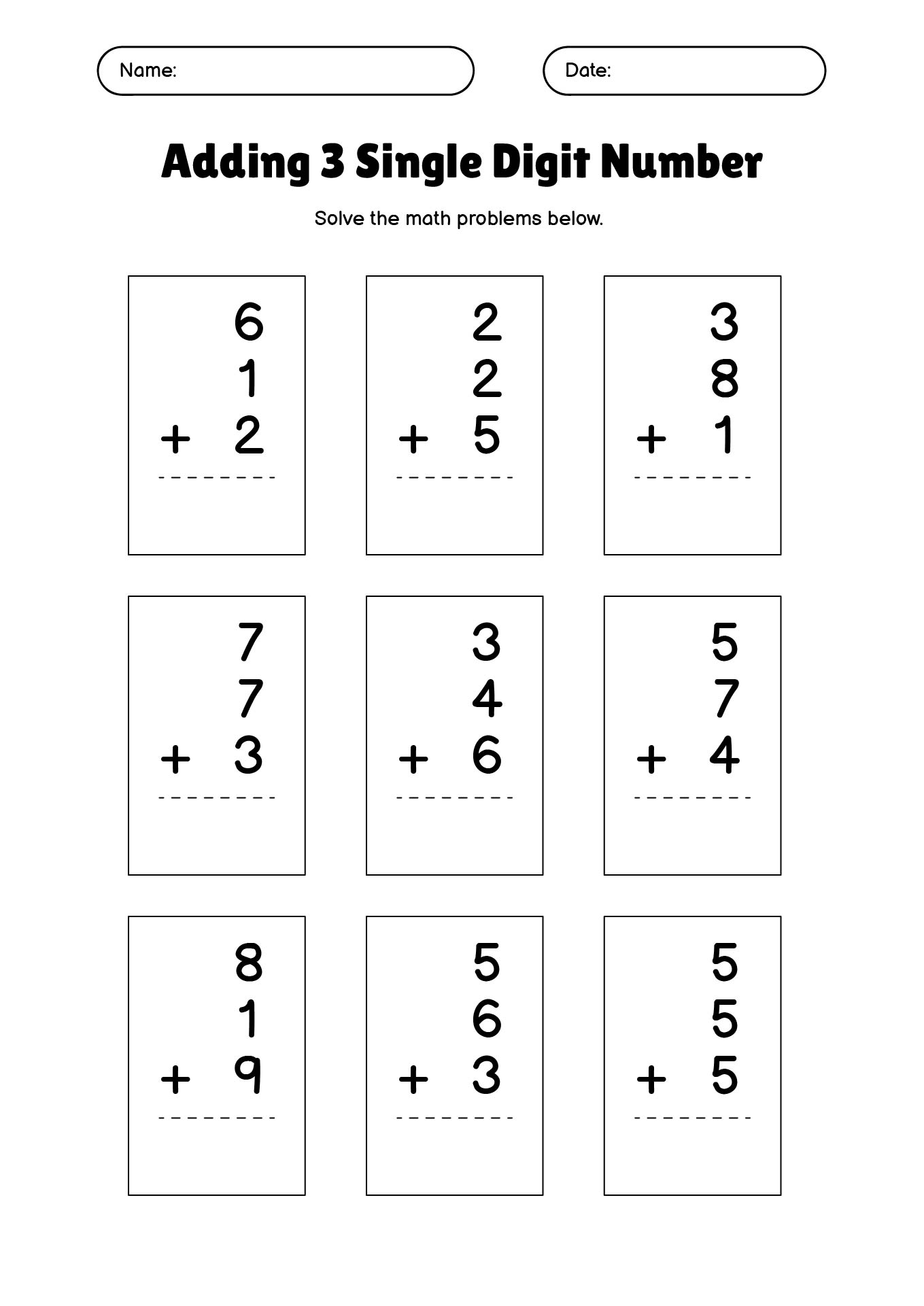 Grade 1 Math Worksheet Add 3 Single Digit