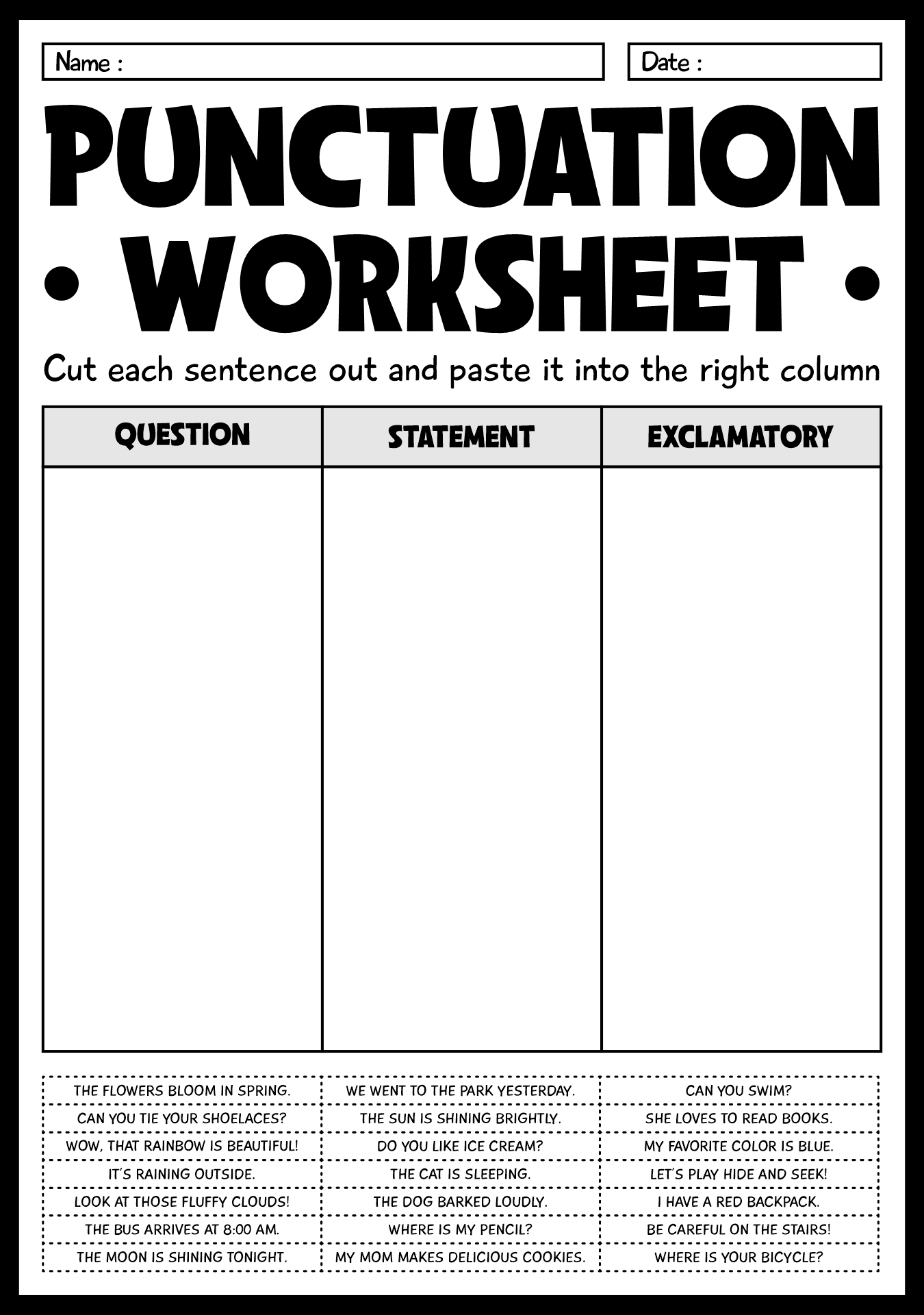 Grade 1 Punctuation Homework Sheets