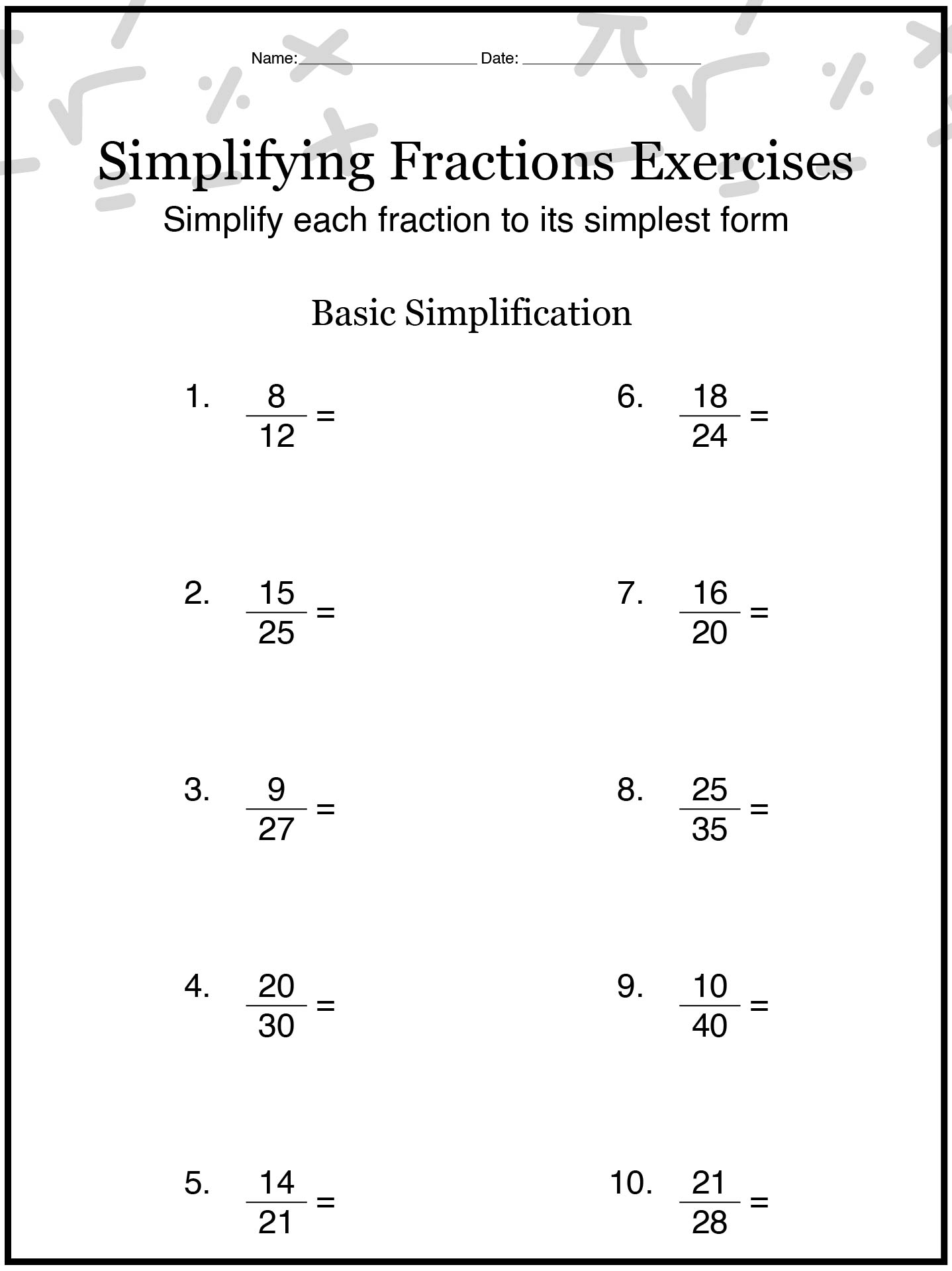 Grade 5 Learning Simplified Fractions Exercises