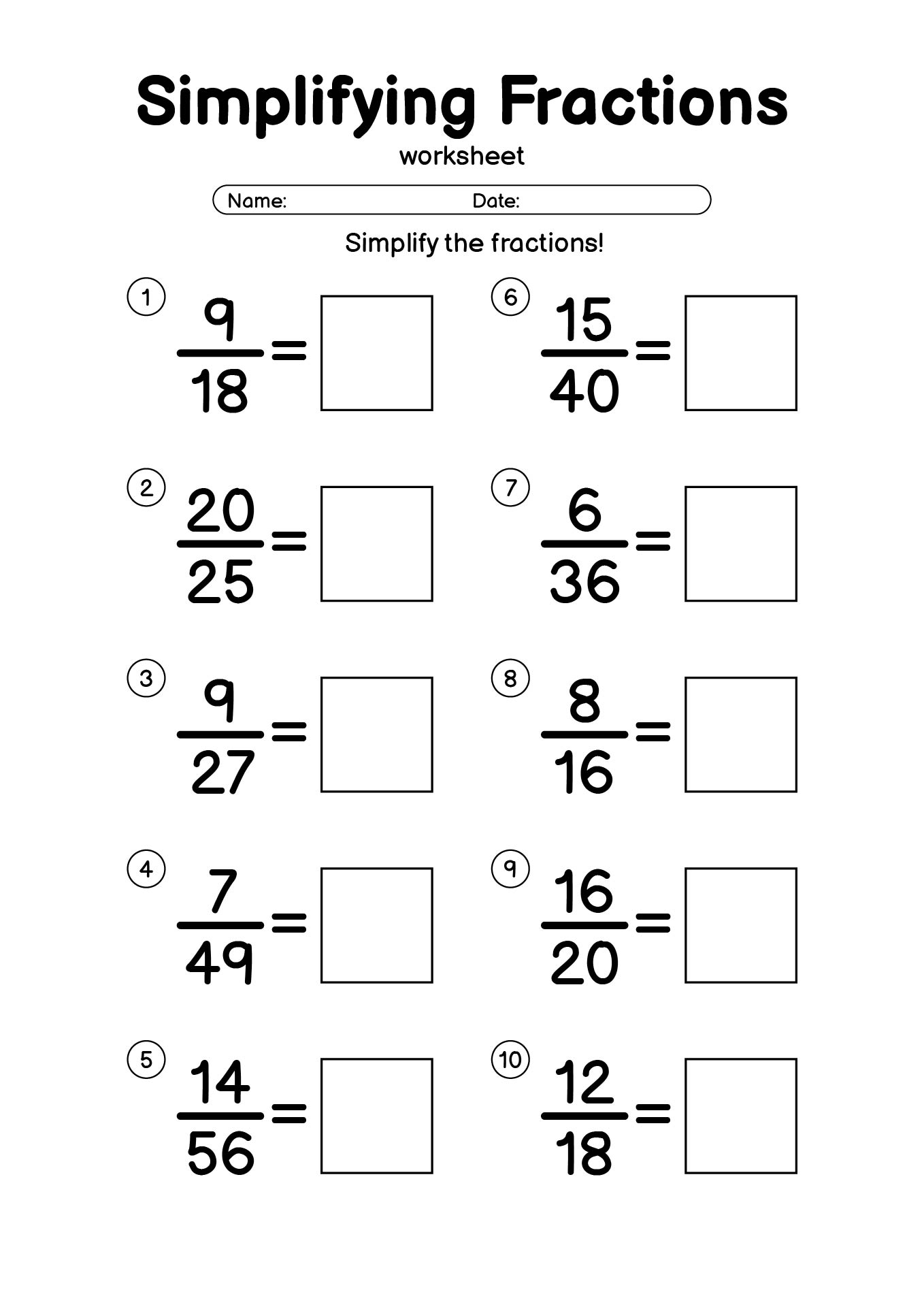 Grade 5 Math Worksheets on Simplifying Fractions