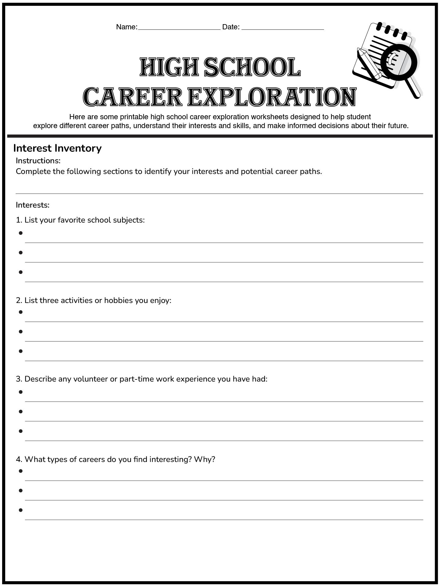 High School Career Exploration Worksheets