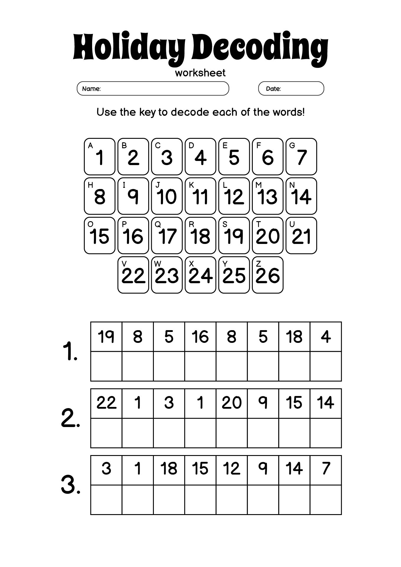 Holiday Decoding Worksheets for Elementary Students