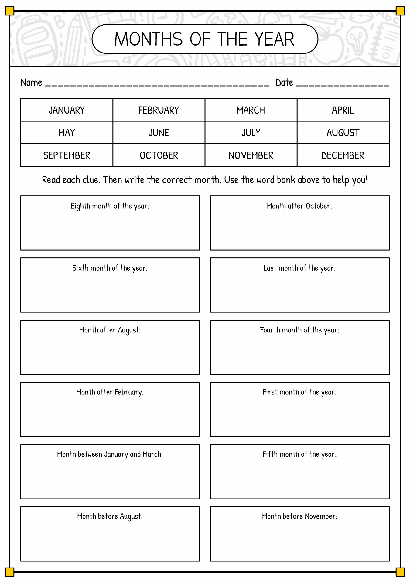 Interactive 1st Grade Worksheets on Months