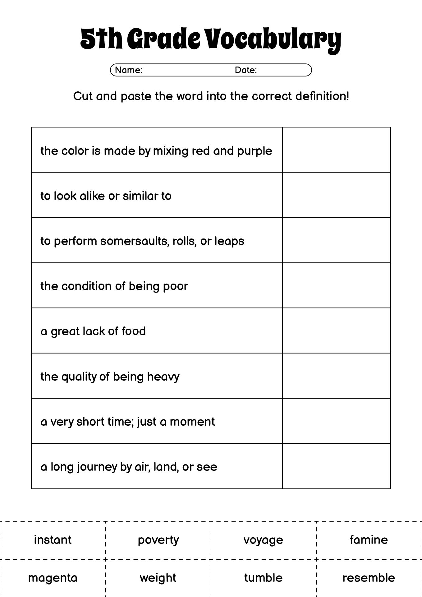 Interactive 5th Grade Vocabulary Practice Sheets