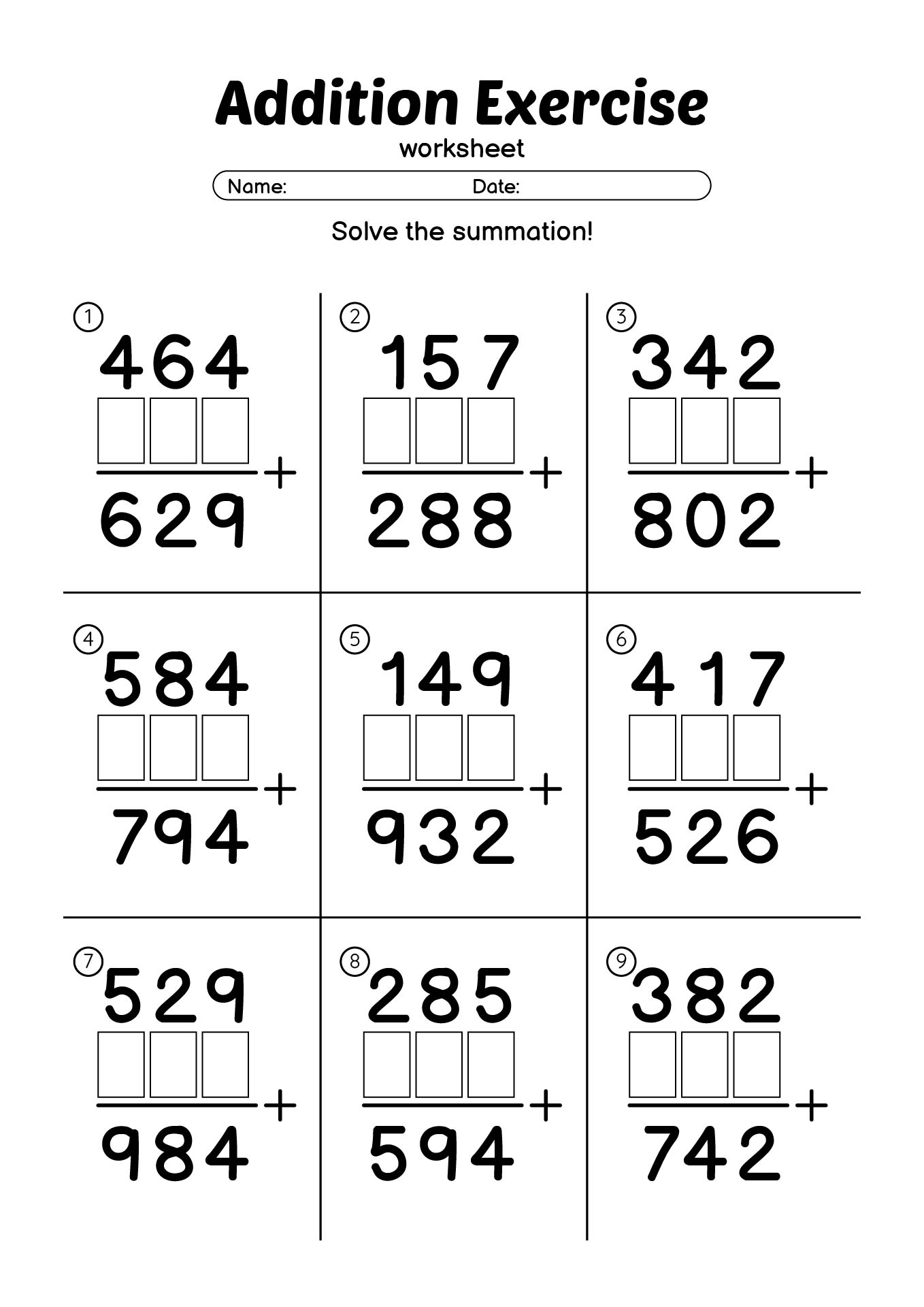 Interactive Three-Digit Addition Problem Worksheets