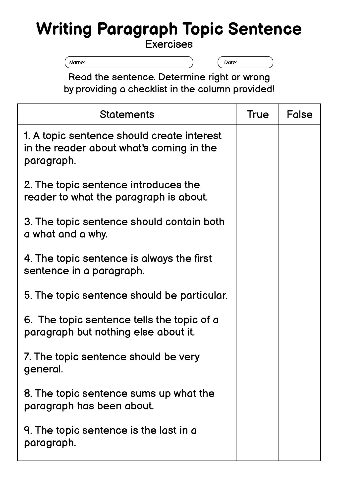 Interactive Writing Paragraph Topic Sentence Worksheets for Kids