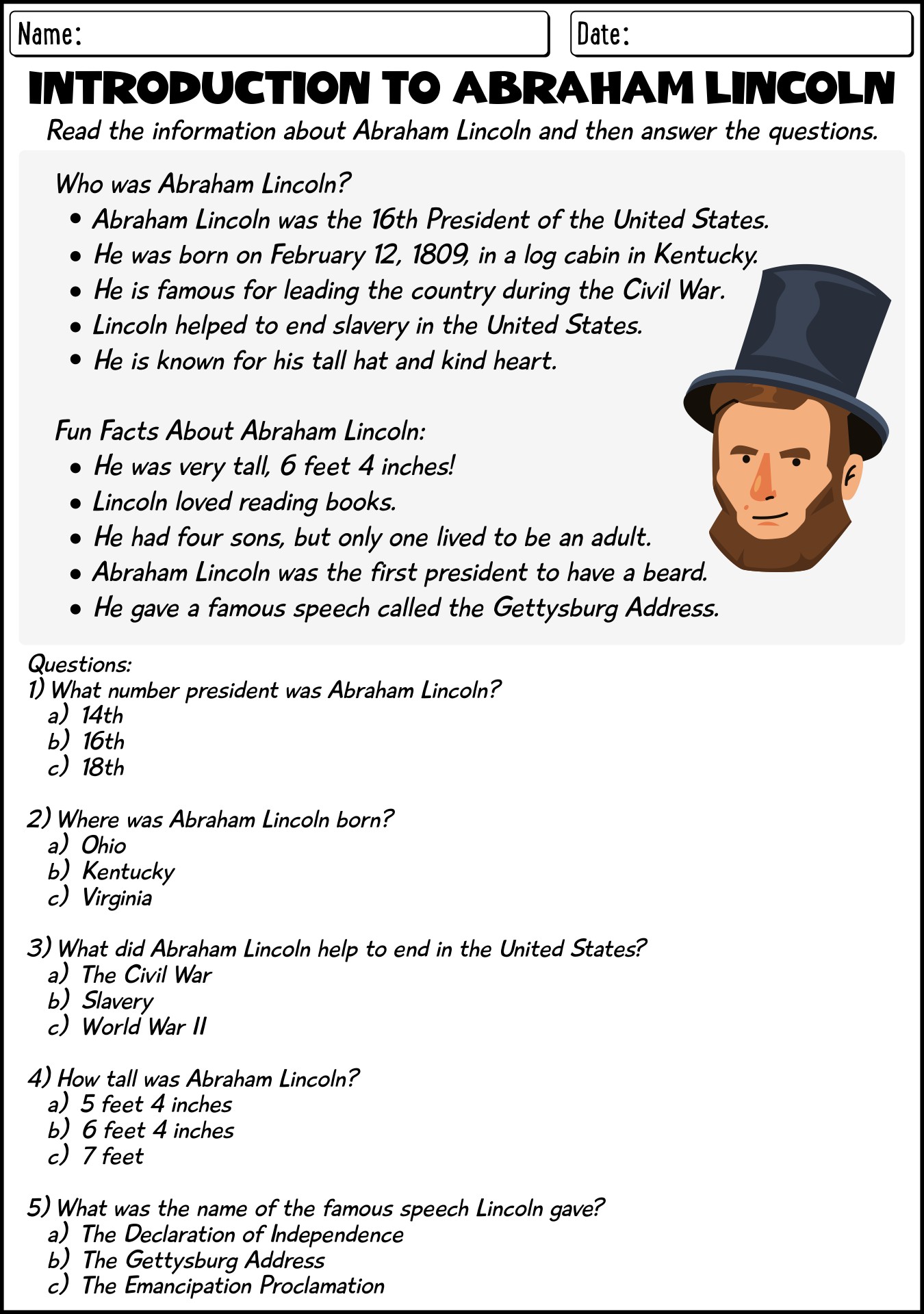 Introduction to Abraham Lincoln Worksheet for First Grade