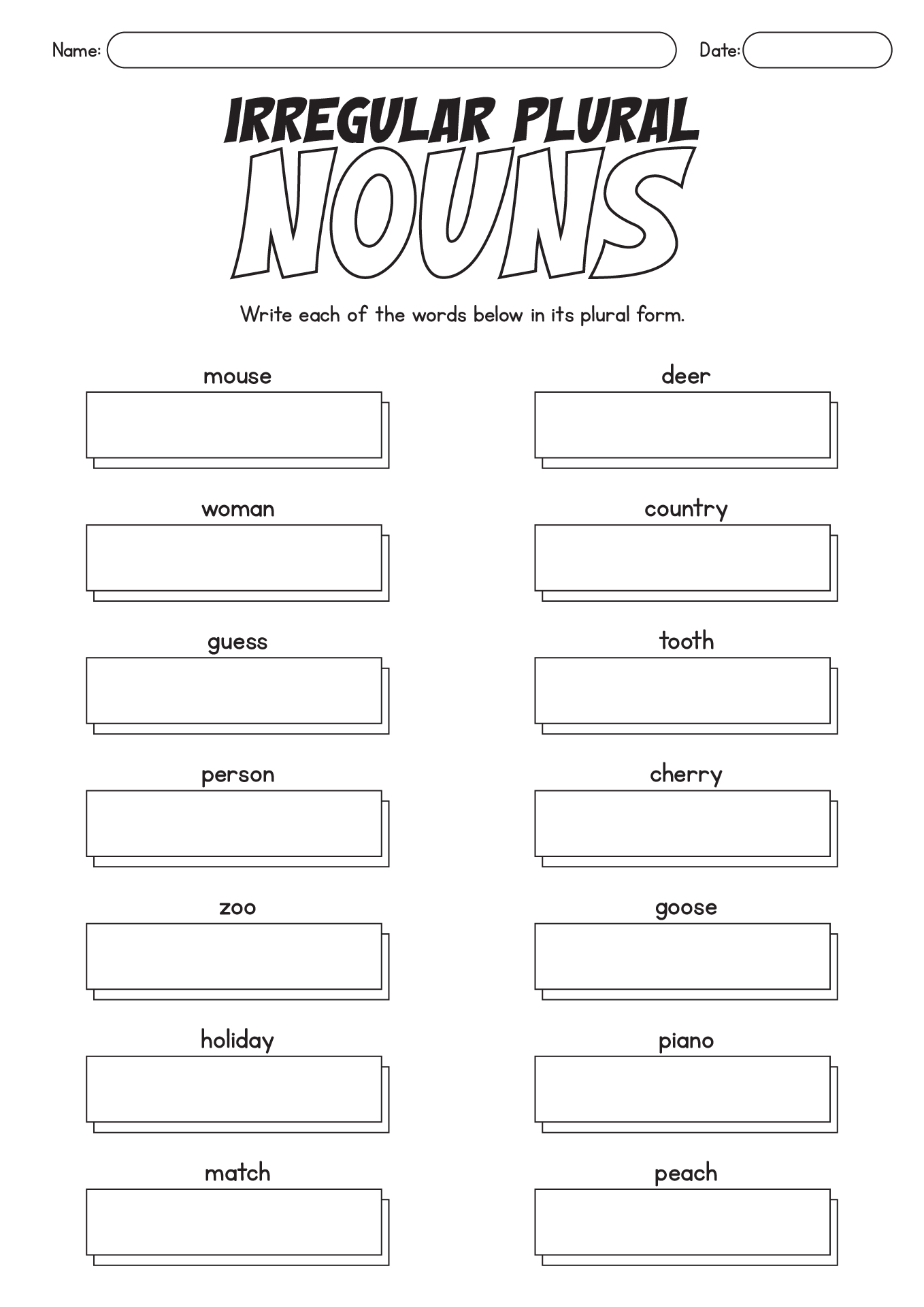 Irregular Plural Nouns Worksheets Grade 1