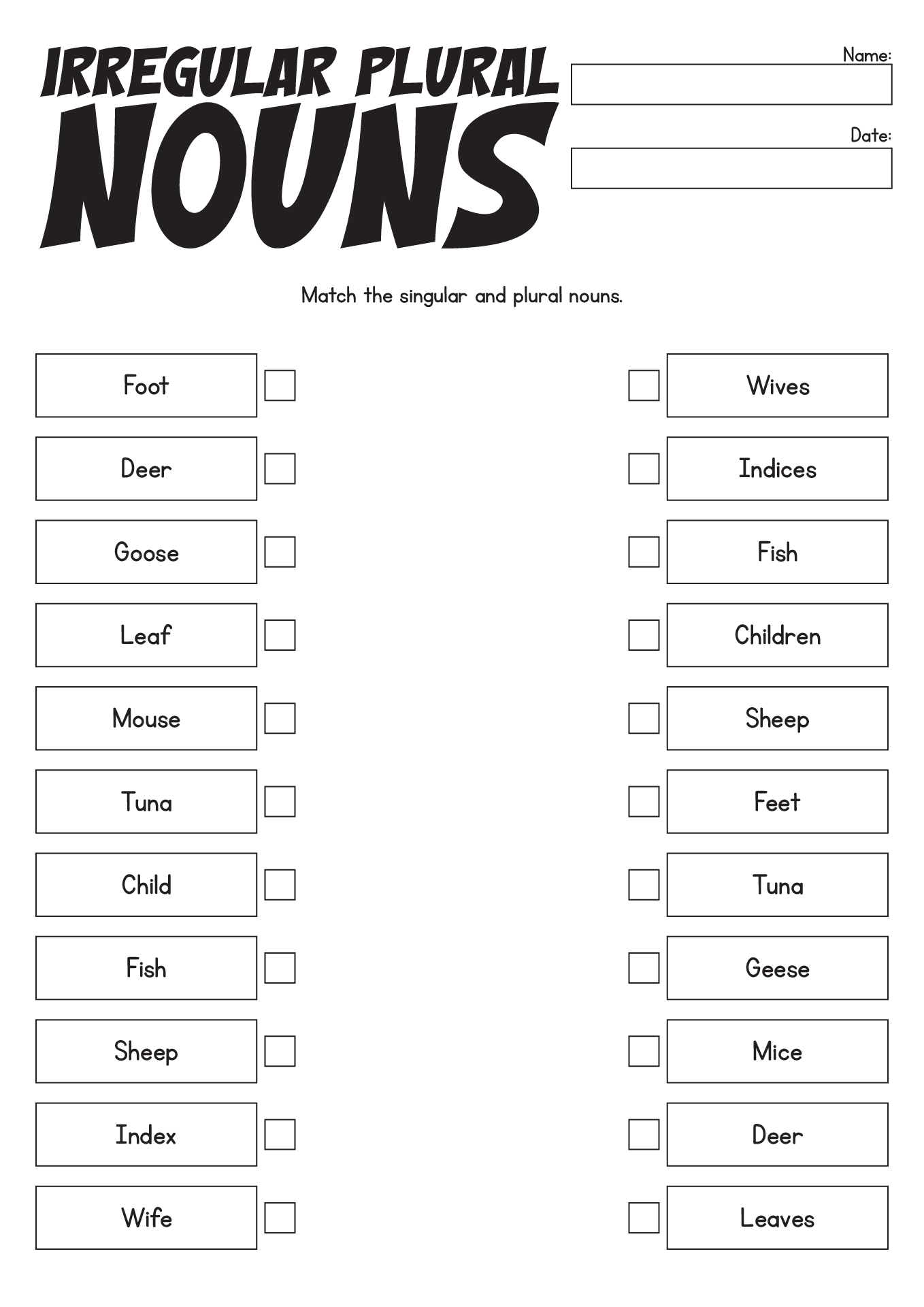 Irregular Plurals Sheets for 1st Graders