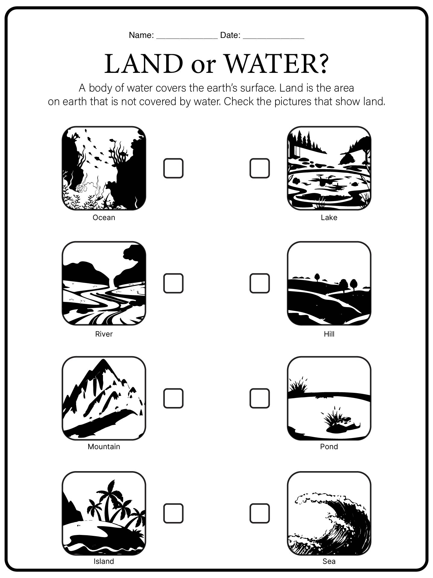 Land and Water Science Worksheet for First Grade