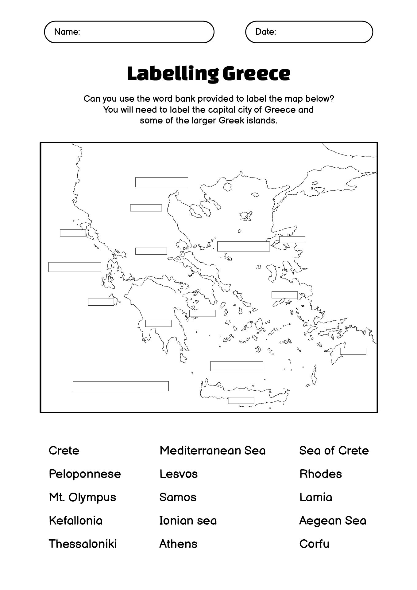 Map of Greece Labelling Activity Worksheet