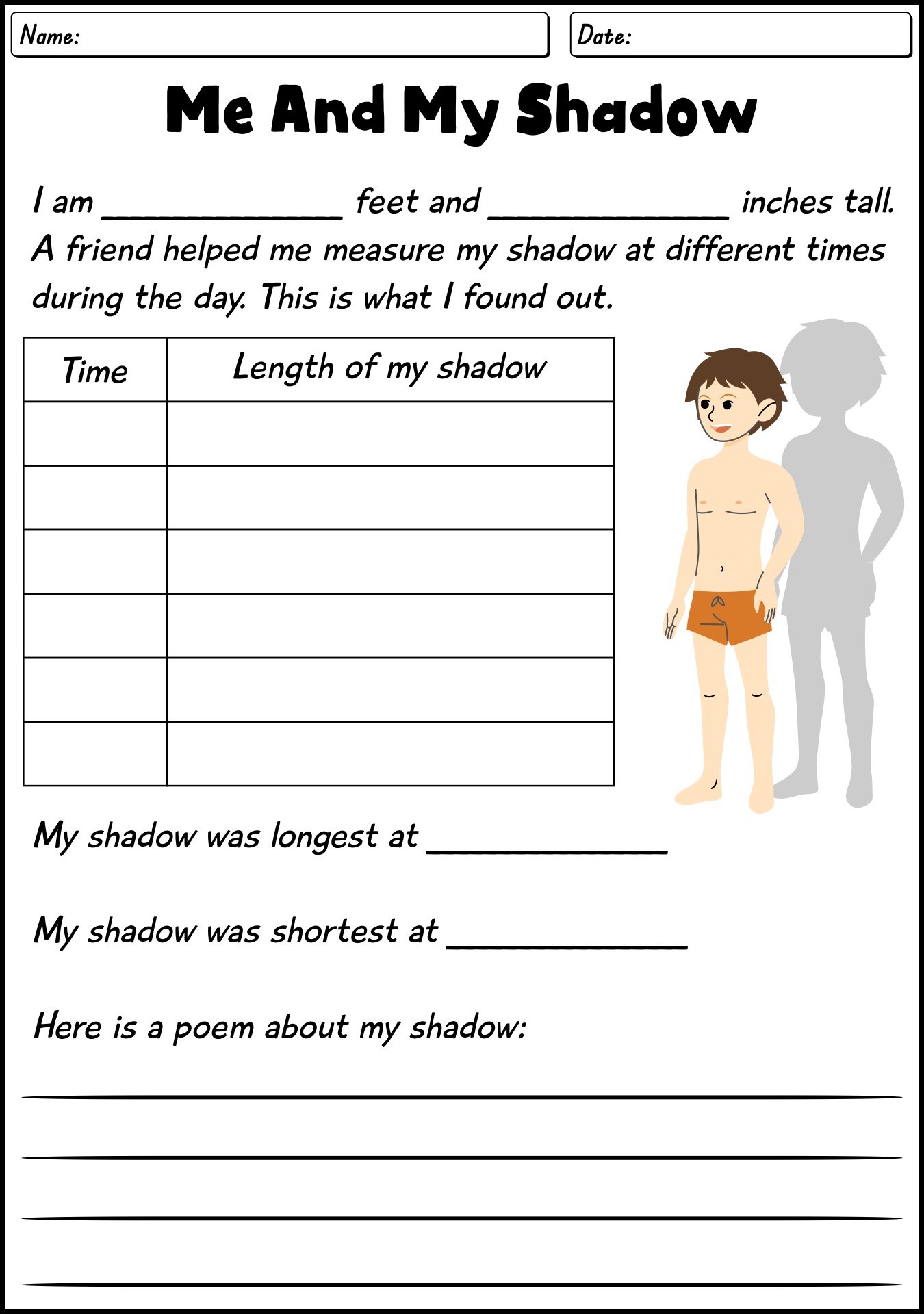 Me And My Shadow Worksheets For Kids