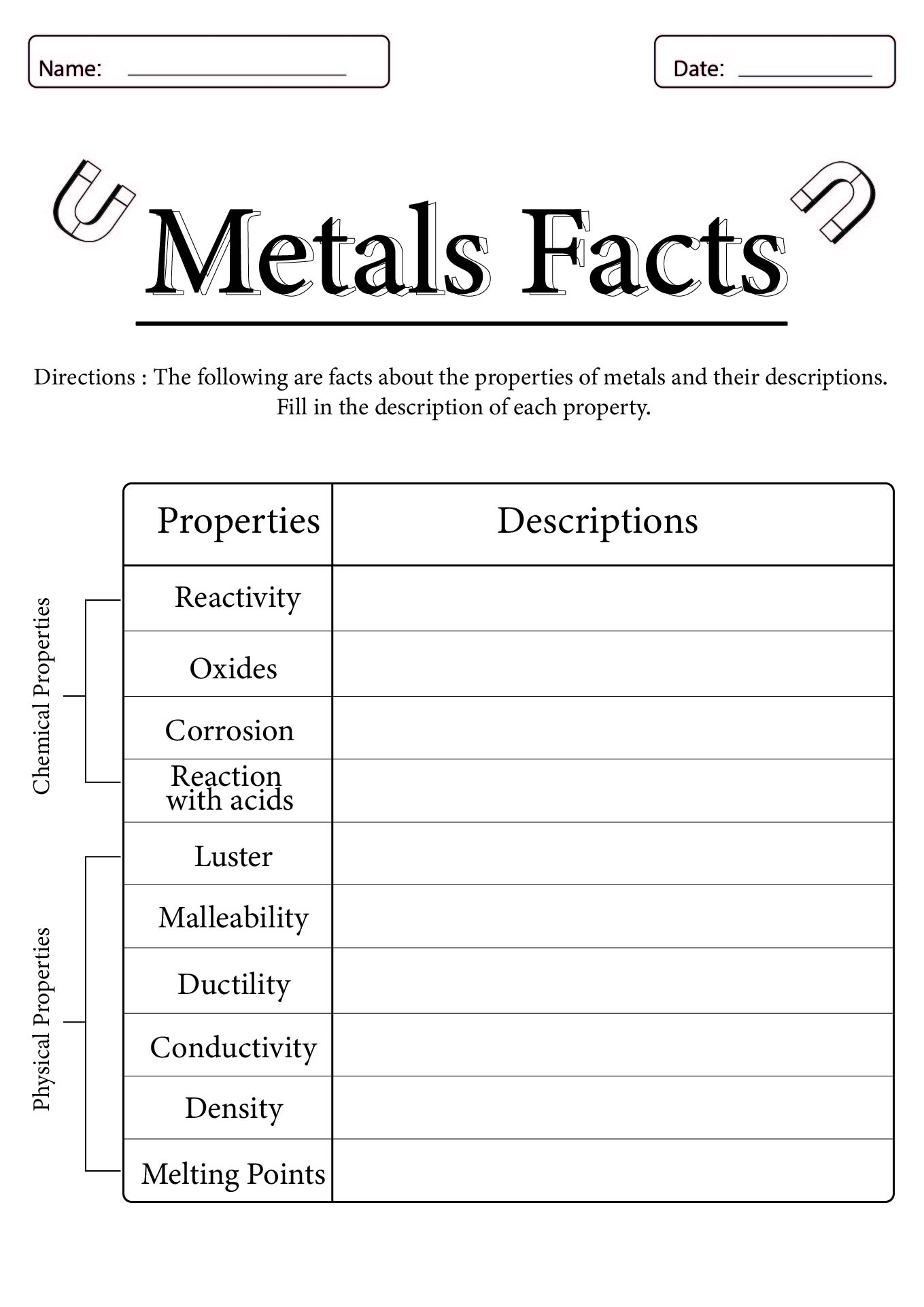 Metals Facts & Worksheets