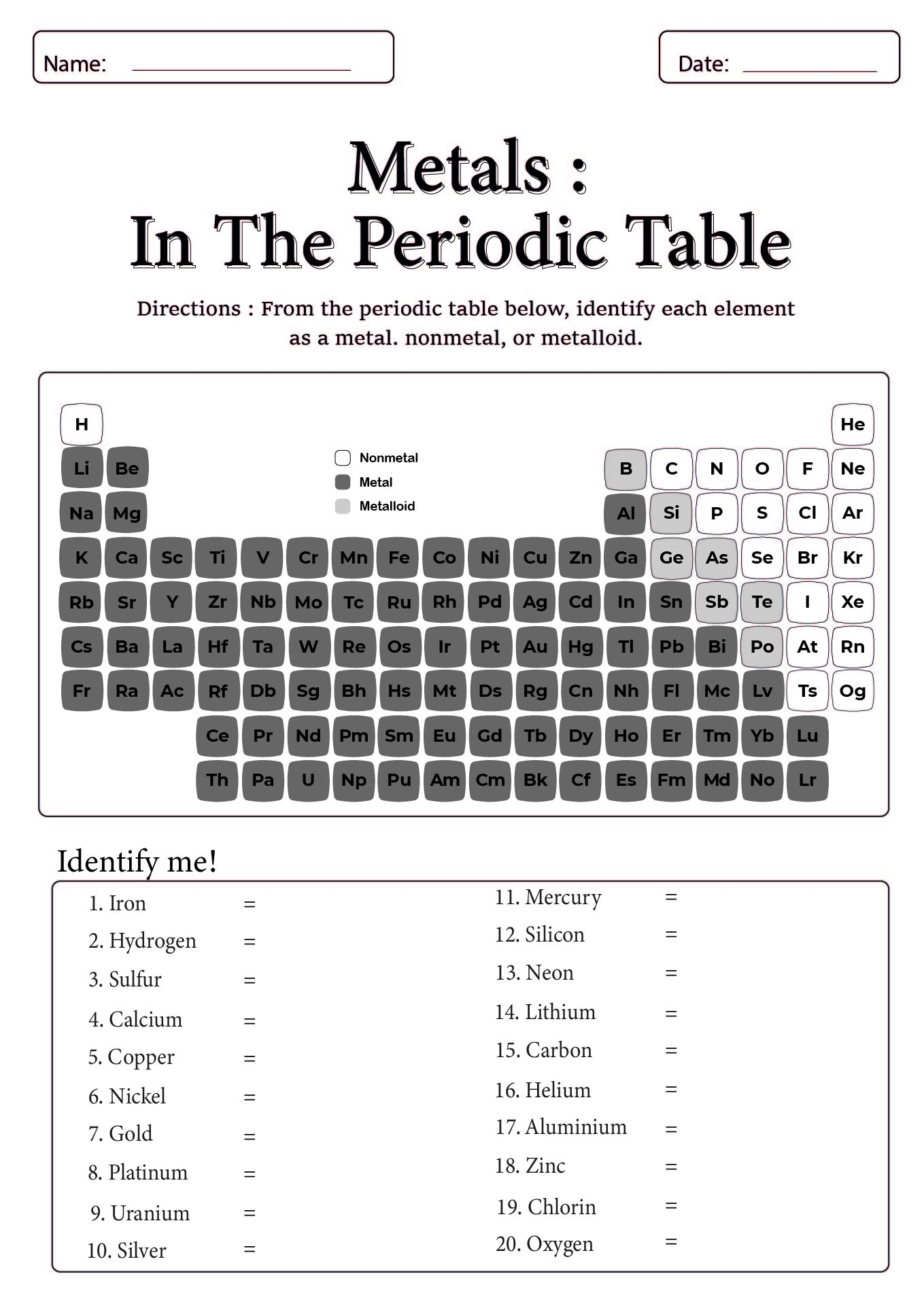 Metals in the Periodic Table Worksheet