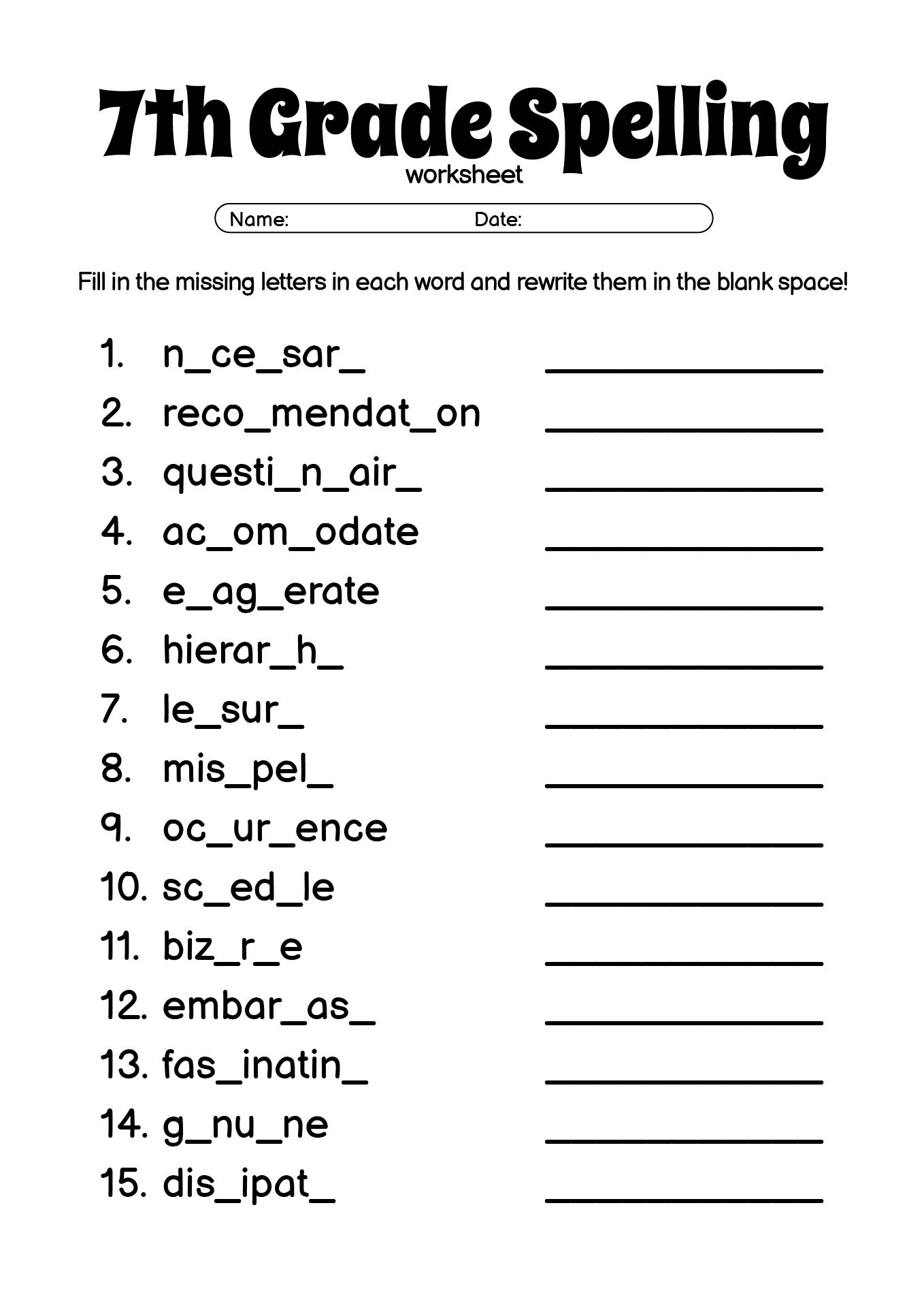 Middle School Grade 7 Spelling Words Activities