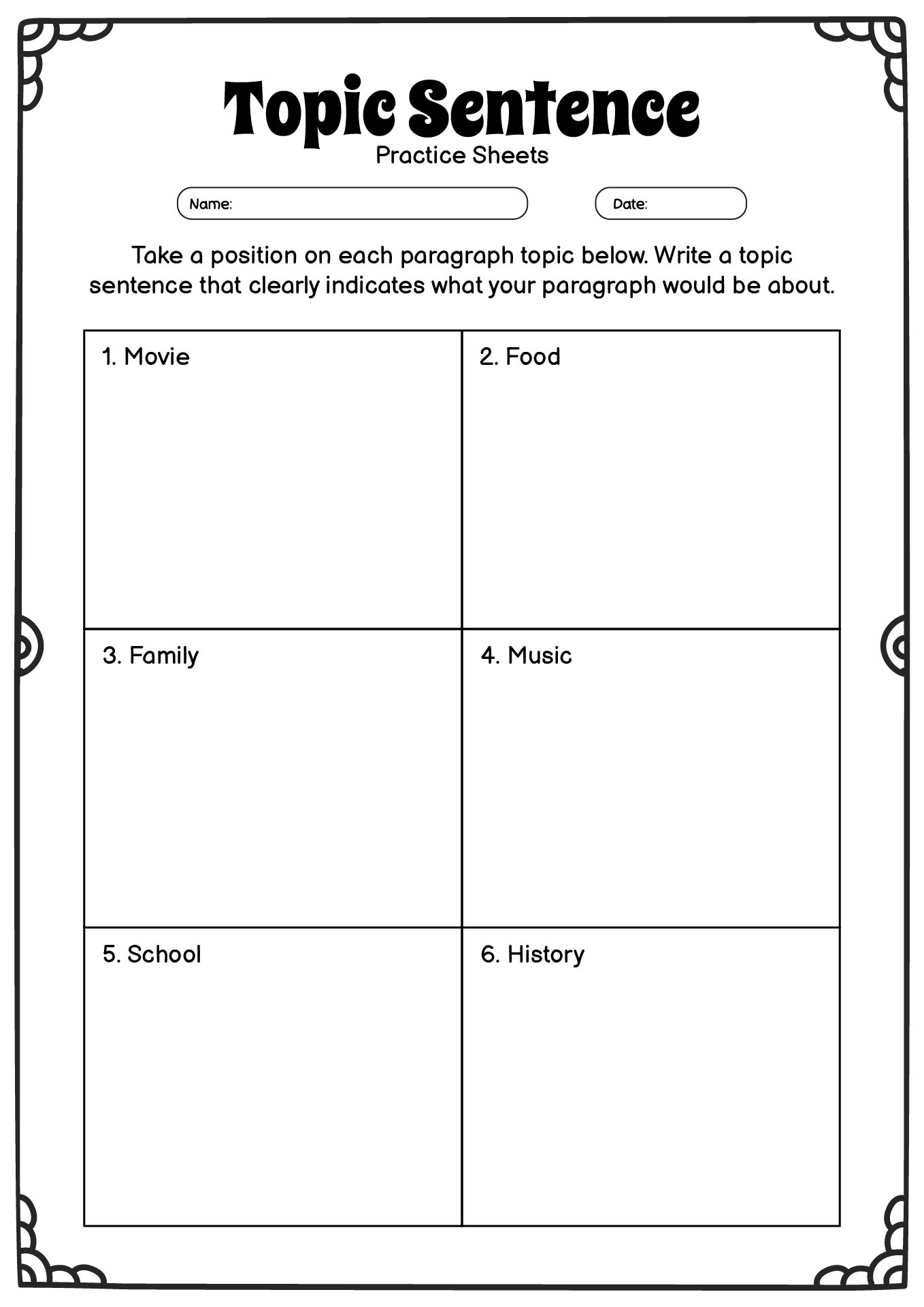 Middle School Writing Paragraph Topic Sentence Worksheets