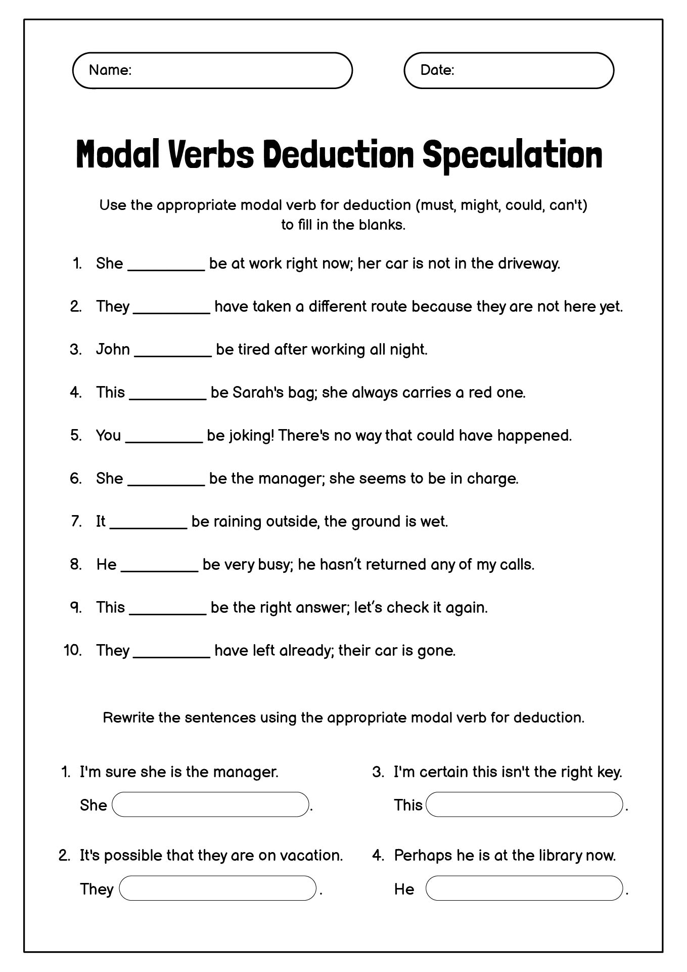 Modal Verbs Deduction Speculation ESL Worksheet