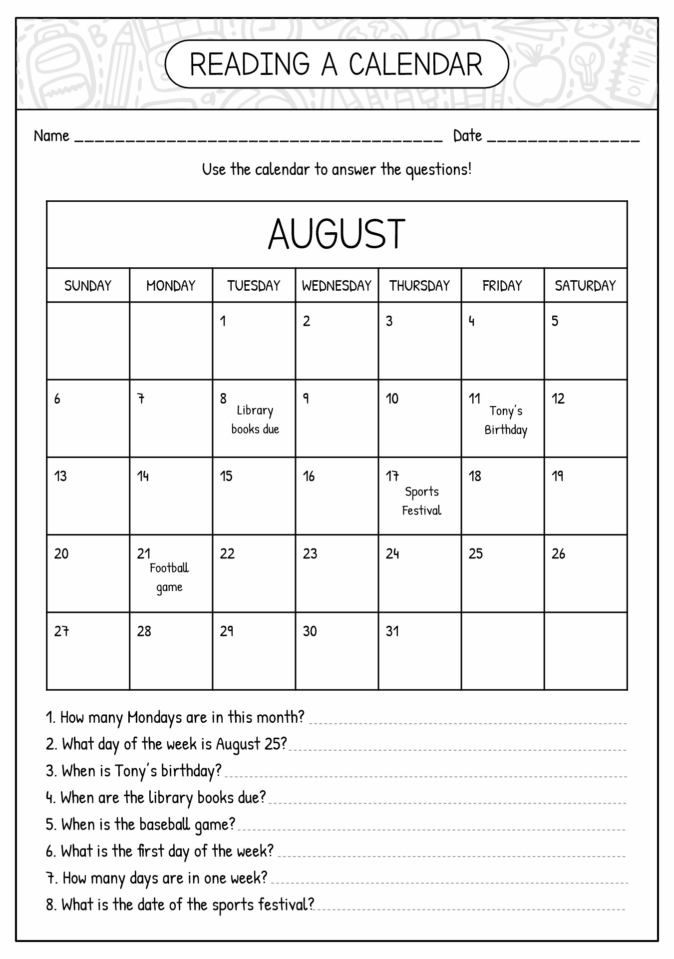 Monthly Worksheets for 1st Graders Learning Calendar Skills