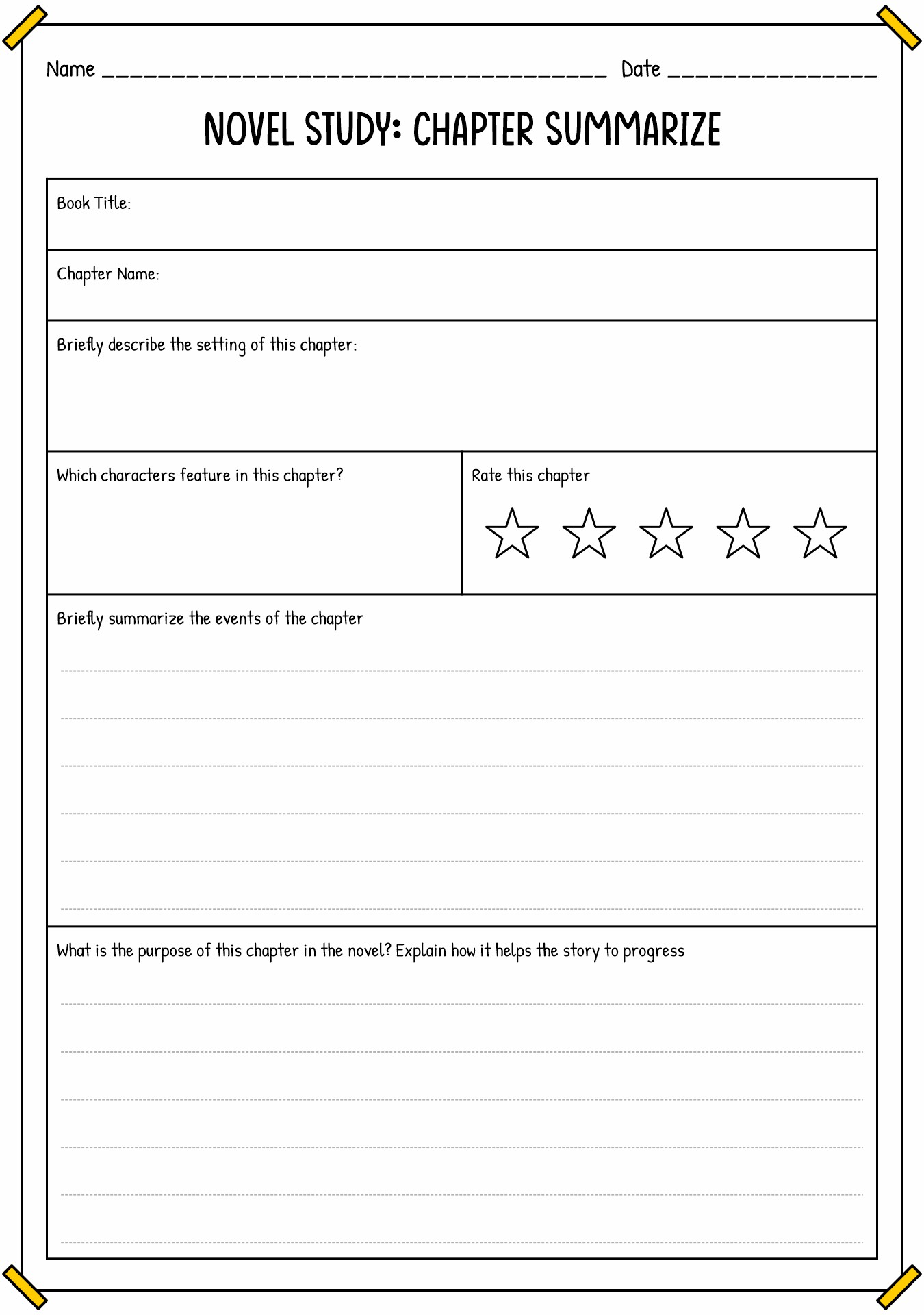 Novel Study Chapter Recap Template