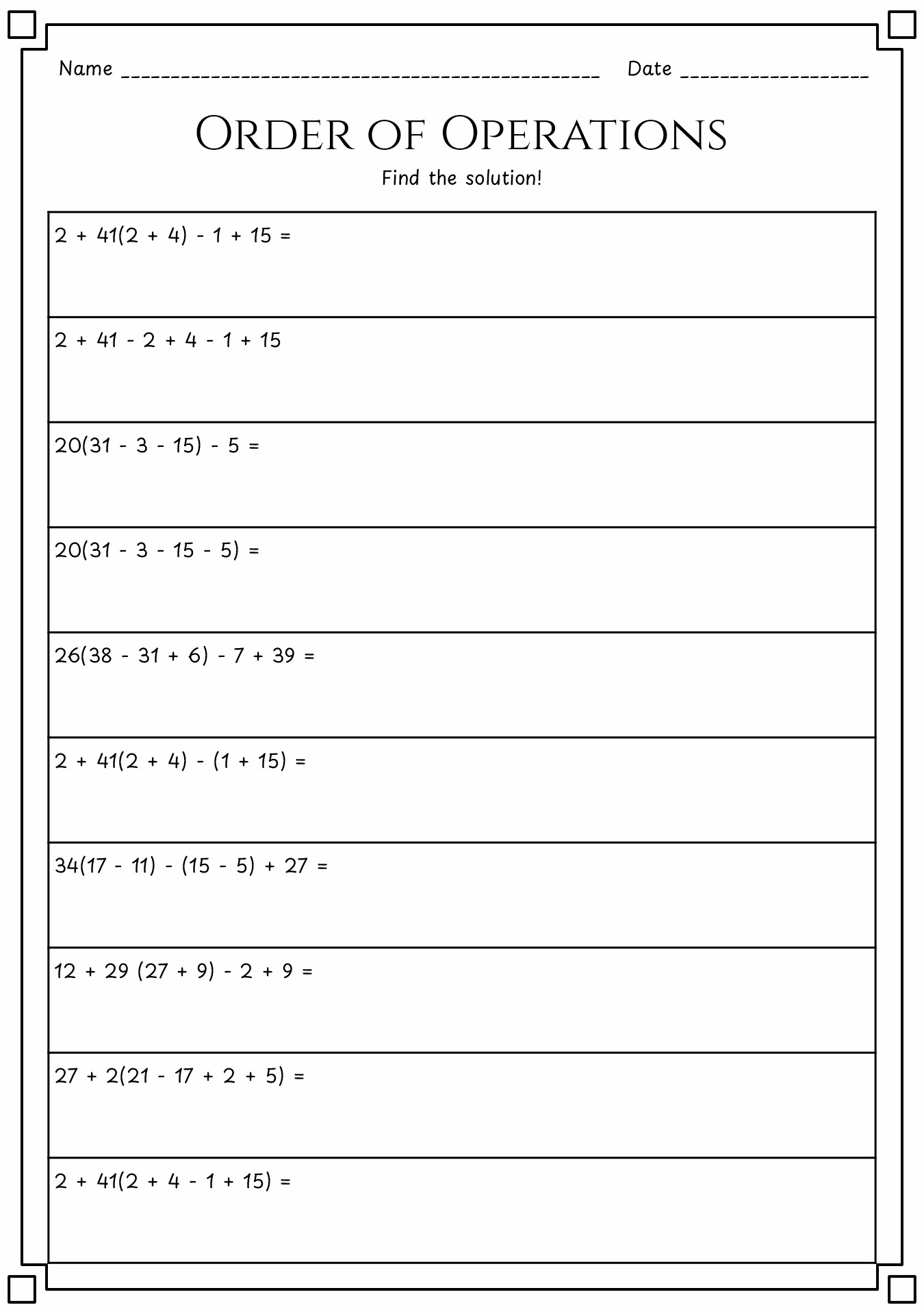 PEMDAS Question Sheet for Grade 6 Students