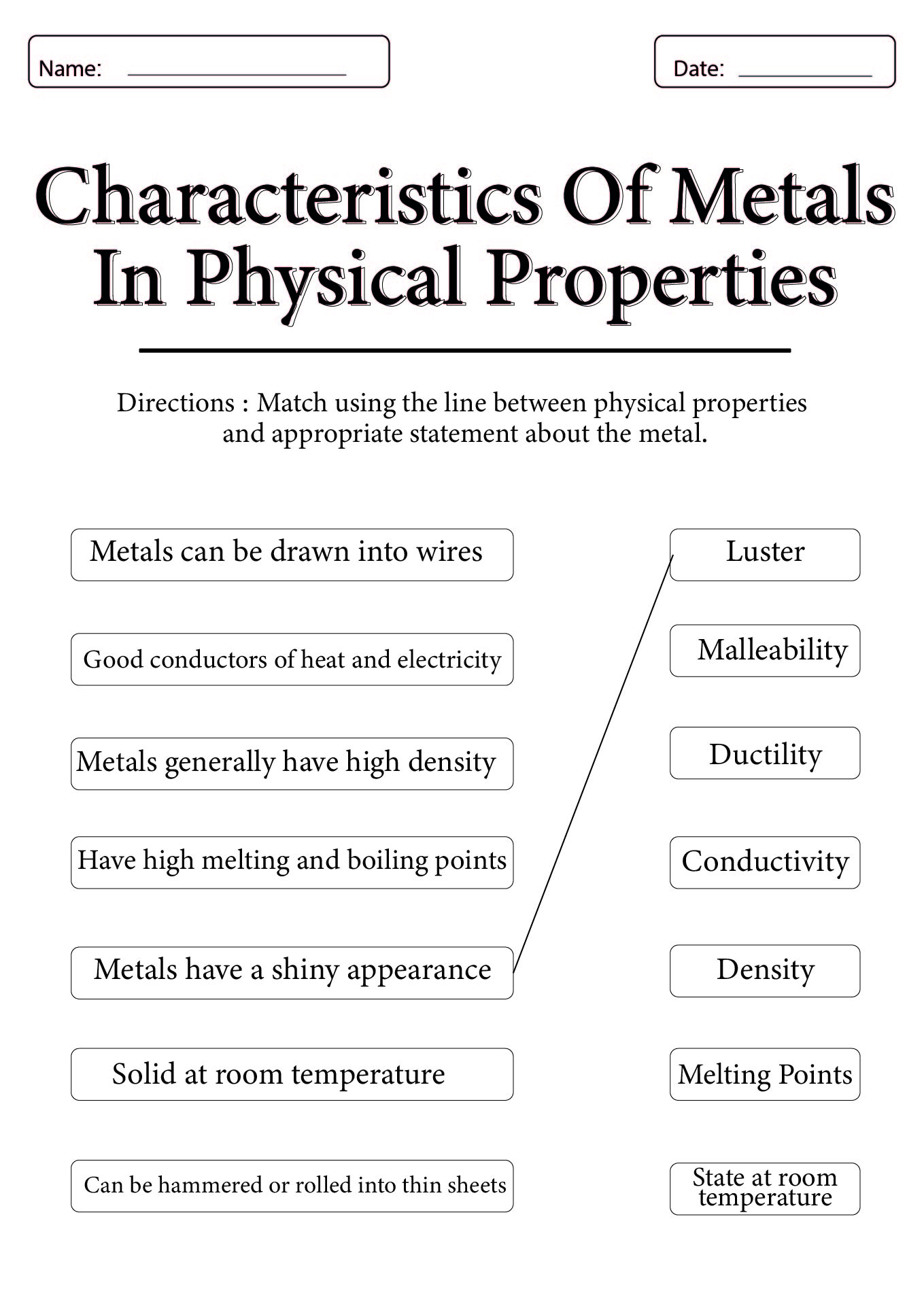 Physical Science Properties of Metals Worksheet