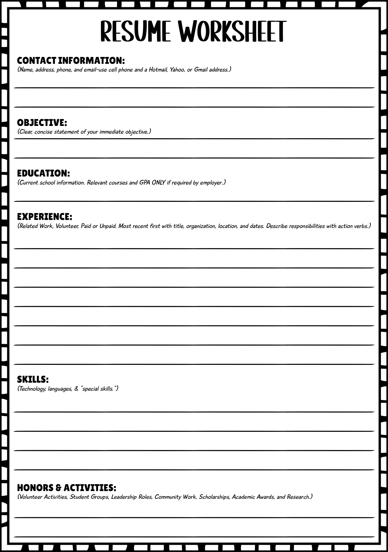 Printable Blank Resume Form