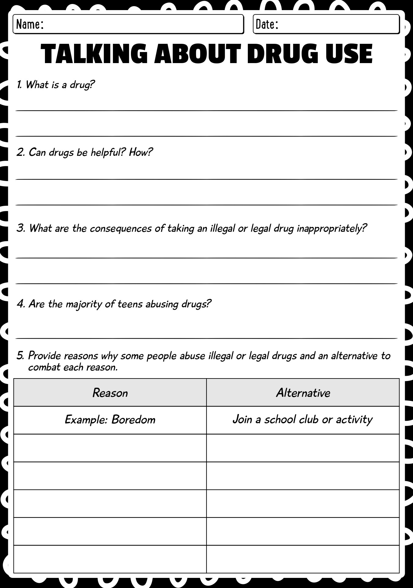 Printable Drug Education Worksheets For Teens